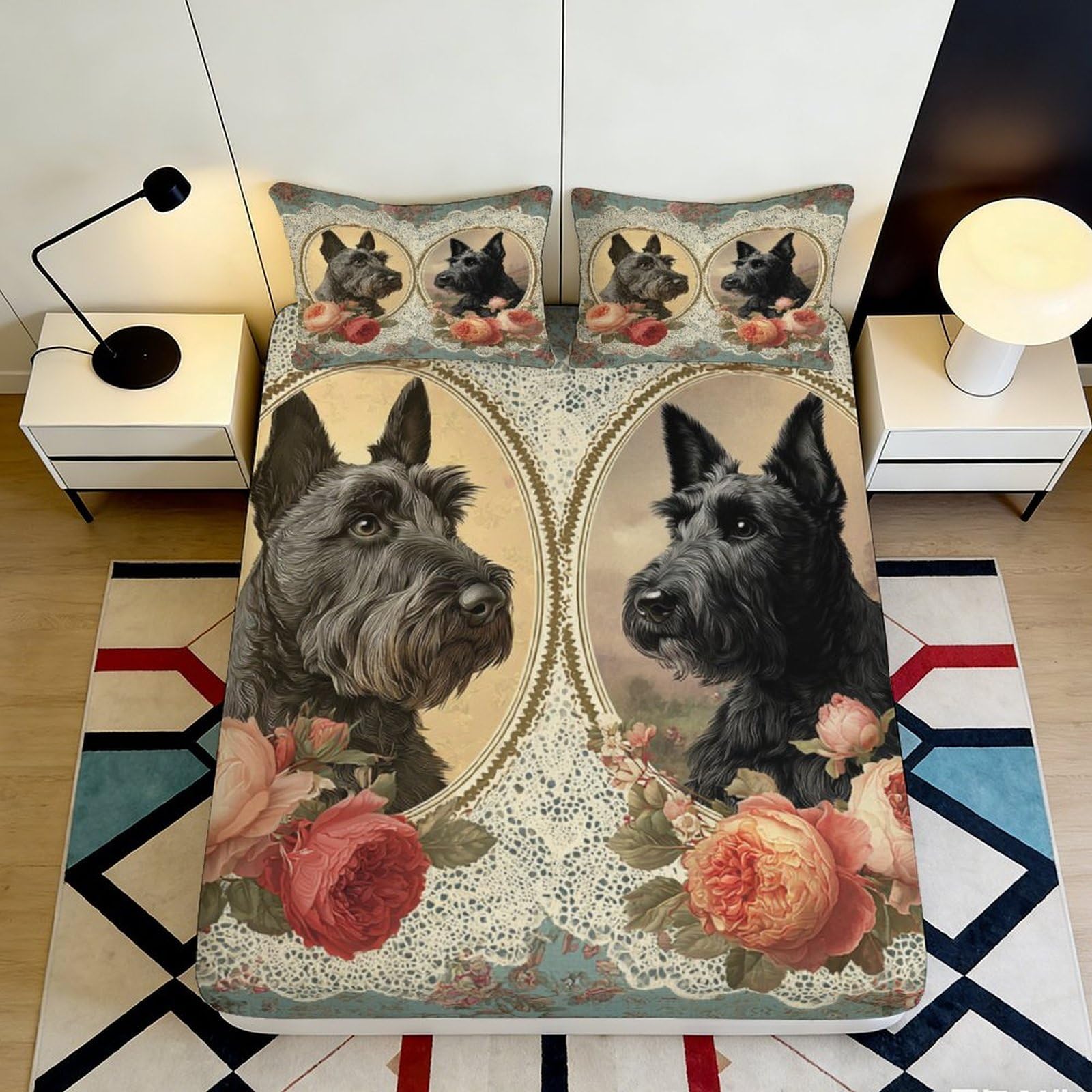 3D Printed Scottish Terrier Dog Fitted Sheet Microfiber Floral Bed Cover for Bedroom Dorm Mattress Decor 90x200x25cm