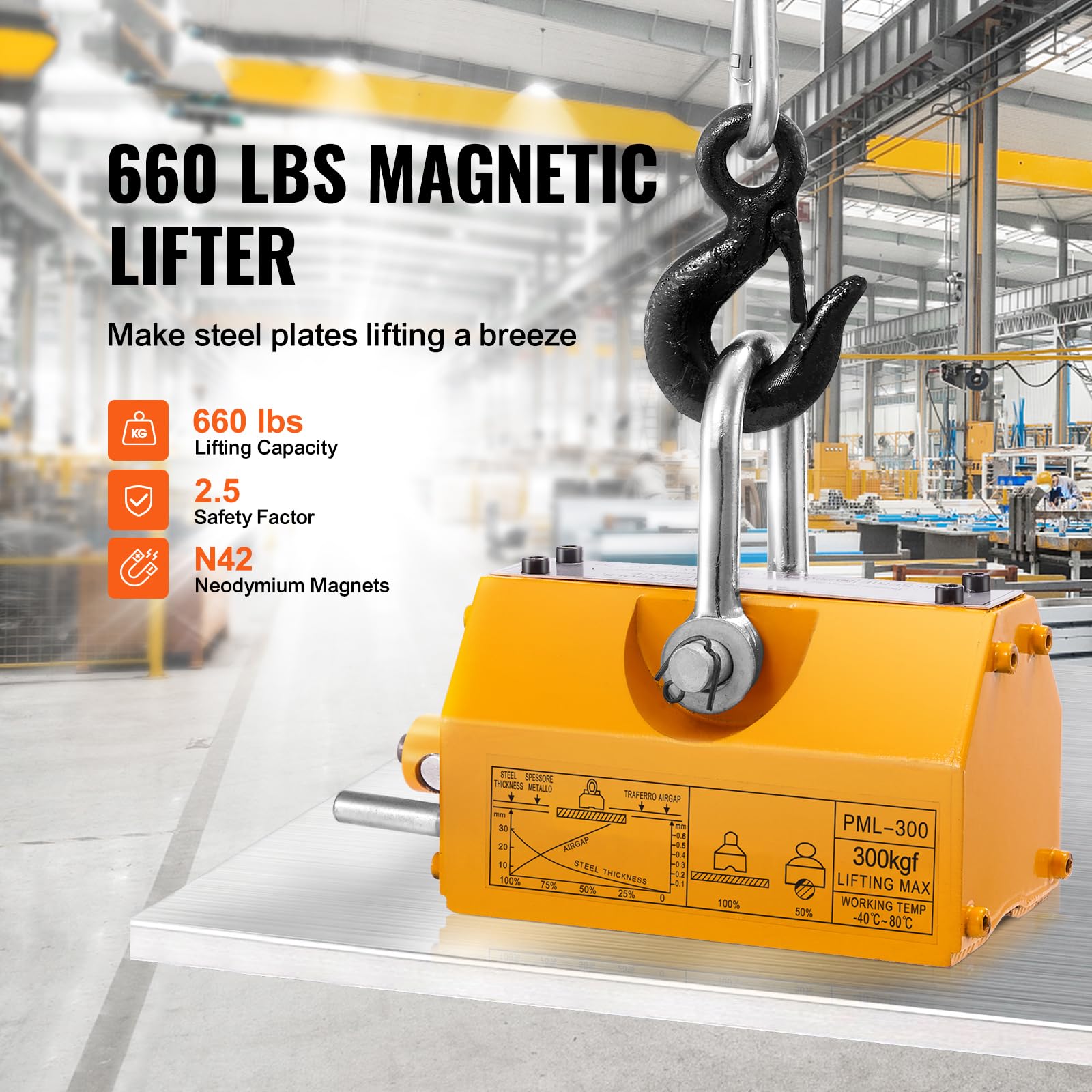 Happybuy Magnetic Lifter, 300 kg/660 lbs Capacity, Neodymium & Steel, Release Feature, Heavy-Duty for Crane, Shop, Block