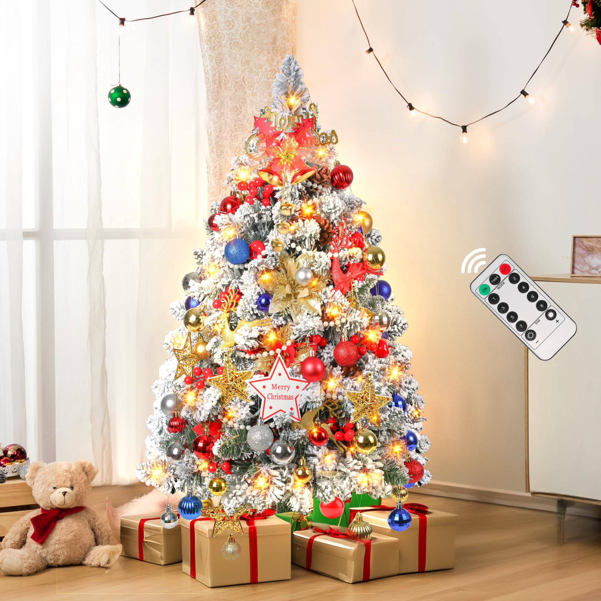 3FT Mini Flocked Christmas Tree, Small Christmas Tree with Lights, Prelit Tabletop Christmas Tree with 200 Branch Tips and 100+ DIY Ornaments, Christmas Decorations Indoor and Gifts for Men Women