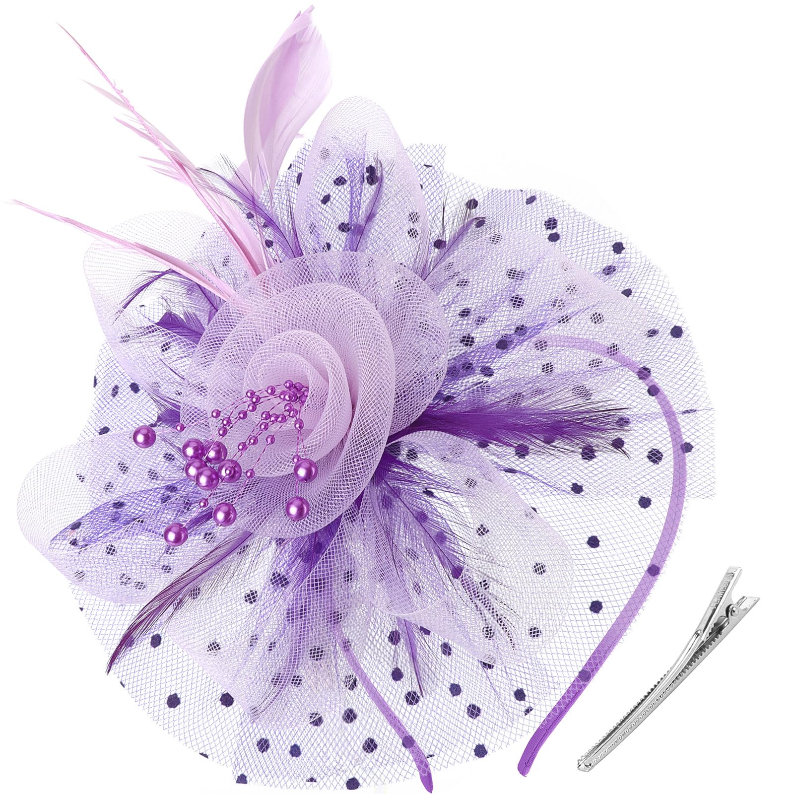 DRESHOW Fascinators Hat Flower Mesh Ribbons Feathers on a Headband and a Clip Tea Party Headwear for Girls and Women