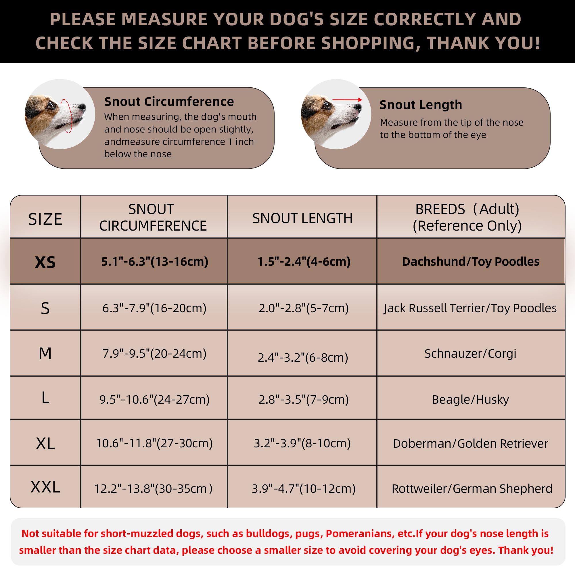 Maulkorb für Hunde, atmungsaktiv, weich, für extra kleine Hunde, verhindert Bellen, Beißen, Kauen, reflektierender, Verstellbarer Korbmaulkorb mit Air-Mesh für Dackel, Braun, Größe XS