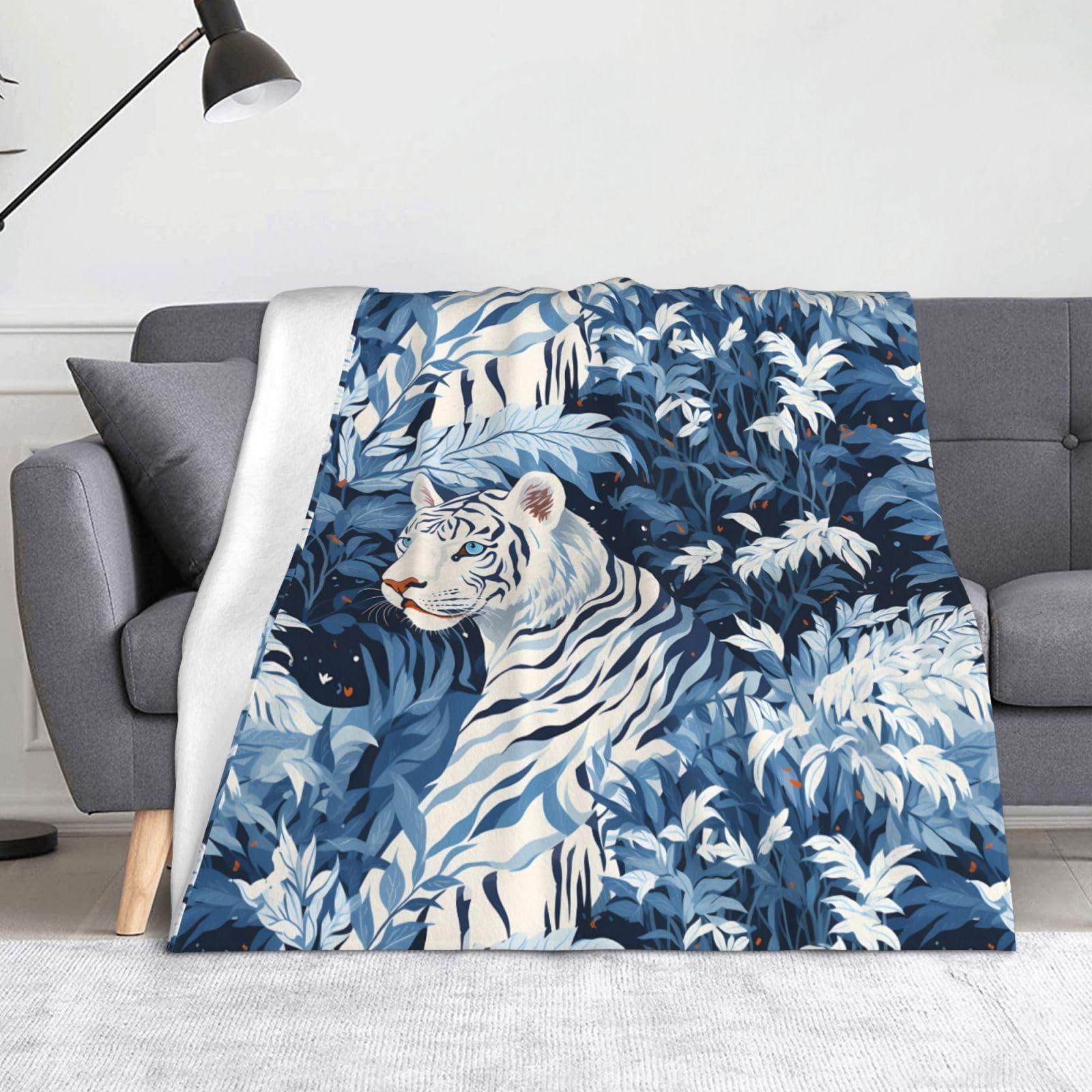 Plaid tigre blanc neige 152x127 cm couverture lit canapé voyage
