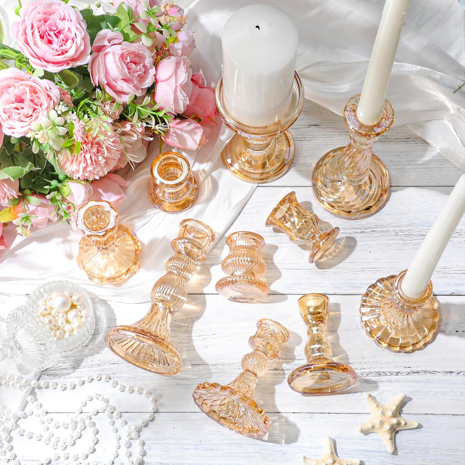 Mumufy 10 Pcs Glass Crystal Taper Candle Holders Clear Glass Candlestick Holder Fit 0.8 Inch Candles Crystal Decorative Candle Stand Centerpiece Table Wedding Dining Party (Classic,Gold) - Image 3