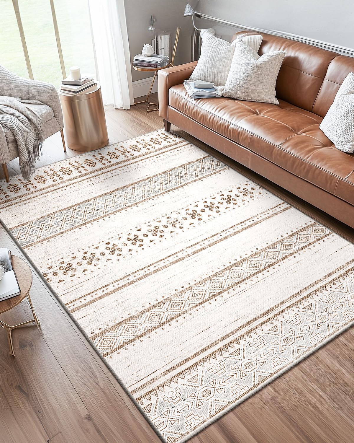 Tapis Lavable Machine 240x300cm - Poil Court Moderne, Polyester Doux, Descente de Lit Résistant, Salon/Chambre, Brun Crème