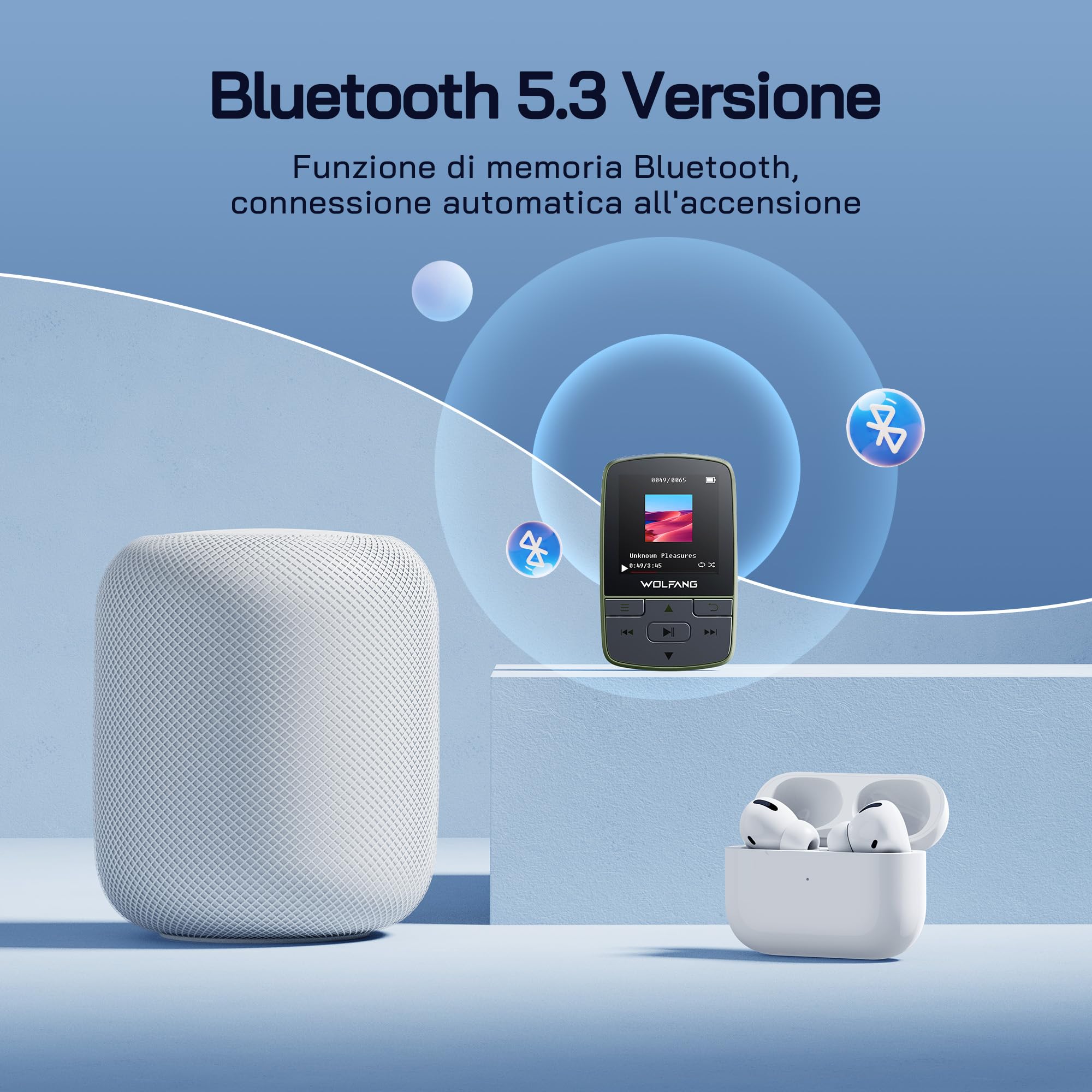 WOLFANG Lettore MP3 con Bluetooth 5.2, clip sportiva, formato mini, peso 28,3 g, HiF, registratore vocale, auricolari inclusi, Verde Militare