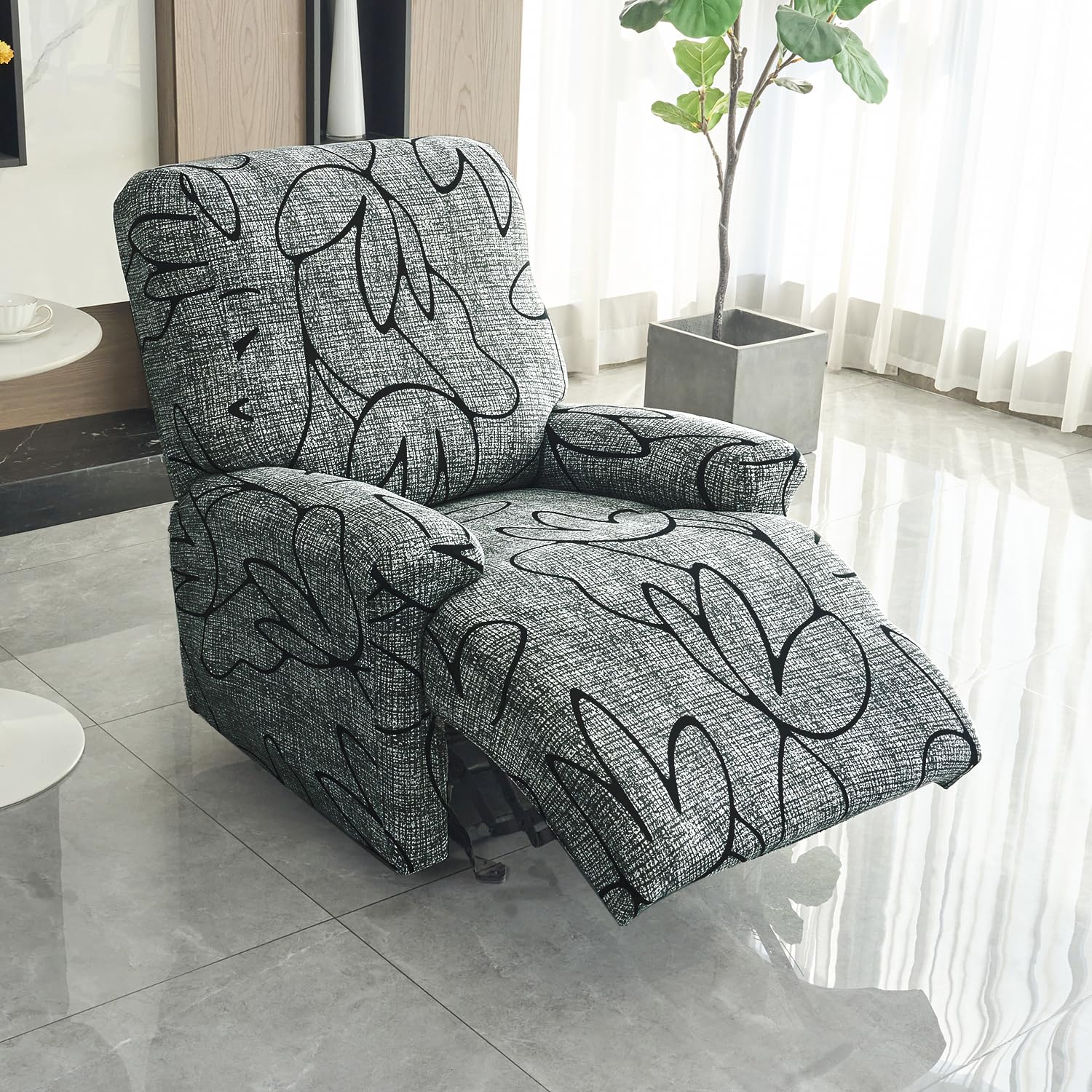 HOKIPO 'Elira Series' Polyester Blend 140Gsm Stretchable Recliner Sofa Cover 1 Seater, Intense Grey Abstract Floral (Ar-4940-C2)