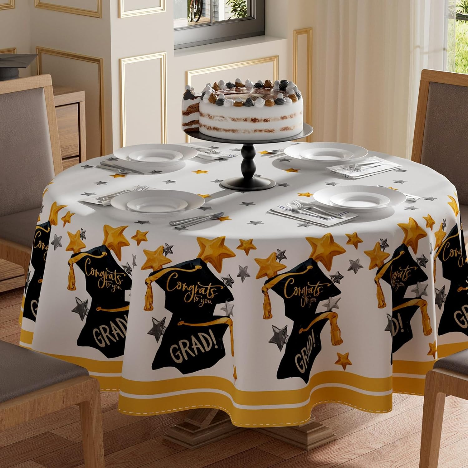 XCHI Congrats to You Grad Watercolor Graduation Cap Stars Tablecloth Round Washable Table Covers for Indoor Outdoor Dining Table Home Party Decorations 60x60 Inch 60" (Round)