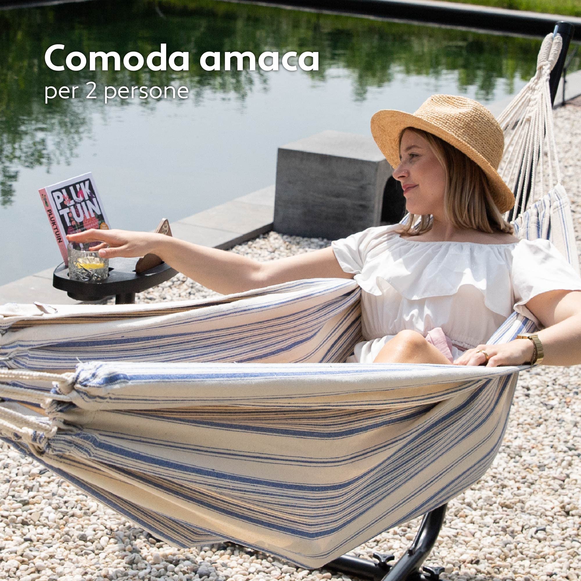 Vita5 Amaca con Supporto – Telaio Regolabile 290-330 cm – Ampia Amaca in 80% Cotone e 20% Poliestere per Giardino, Terrazza, Balcone e Campeggio – Portatile con Borsa per il Trasporto