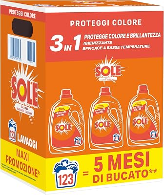 Sole Detersivo Lavatrice Proteggi Colore 123 Lavaggi, Formula igienizzante, Detersivo Lavatrice Liquido Proteggi Colore, rimuove le macchie a basse temperature