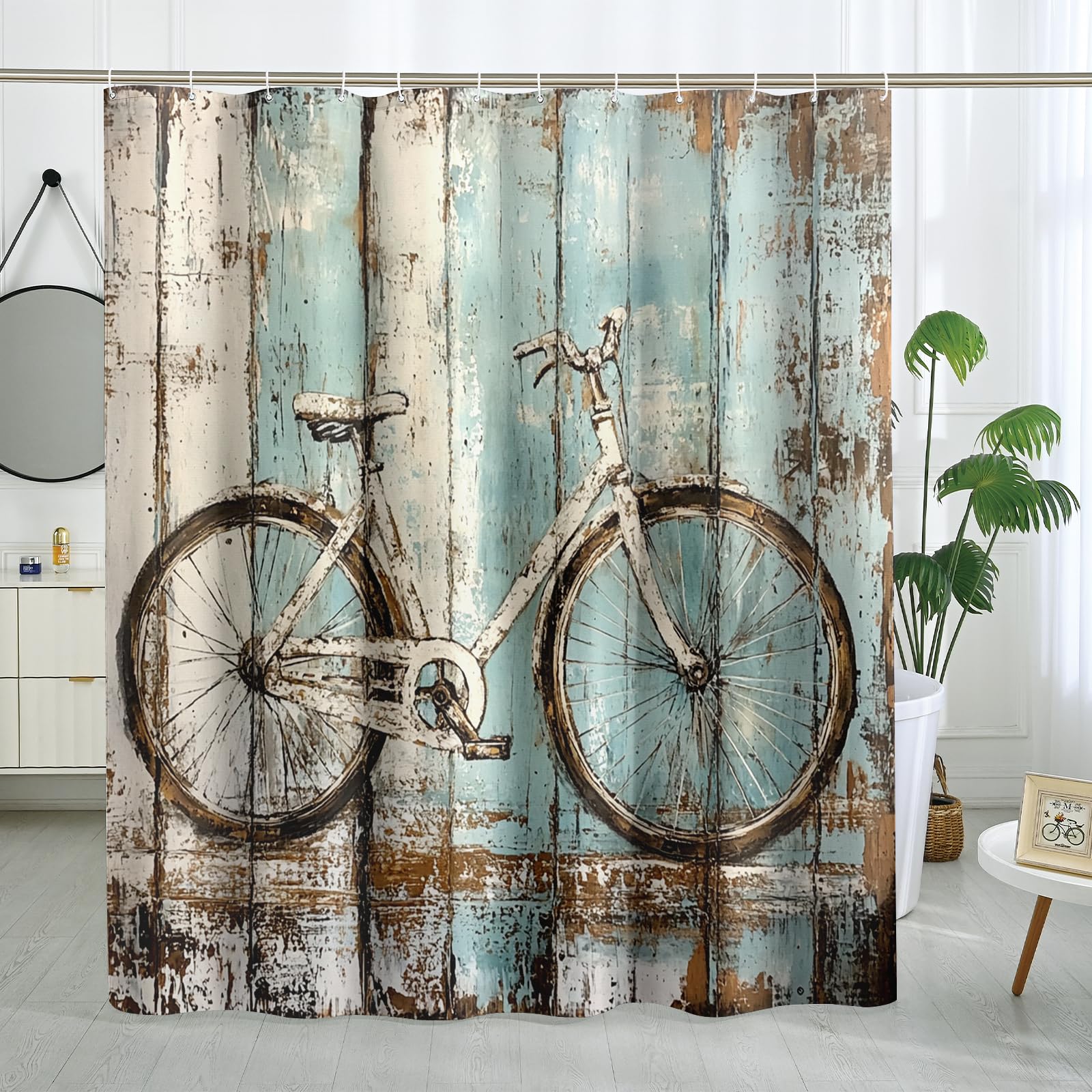 Rideau de douche vintage en tissu imperméable avec crochets pour salle de bain - Motif vélo - Bleu turquoise et blanc - 157 x 183 cm
