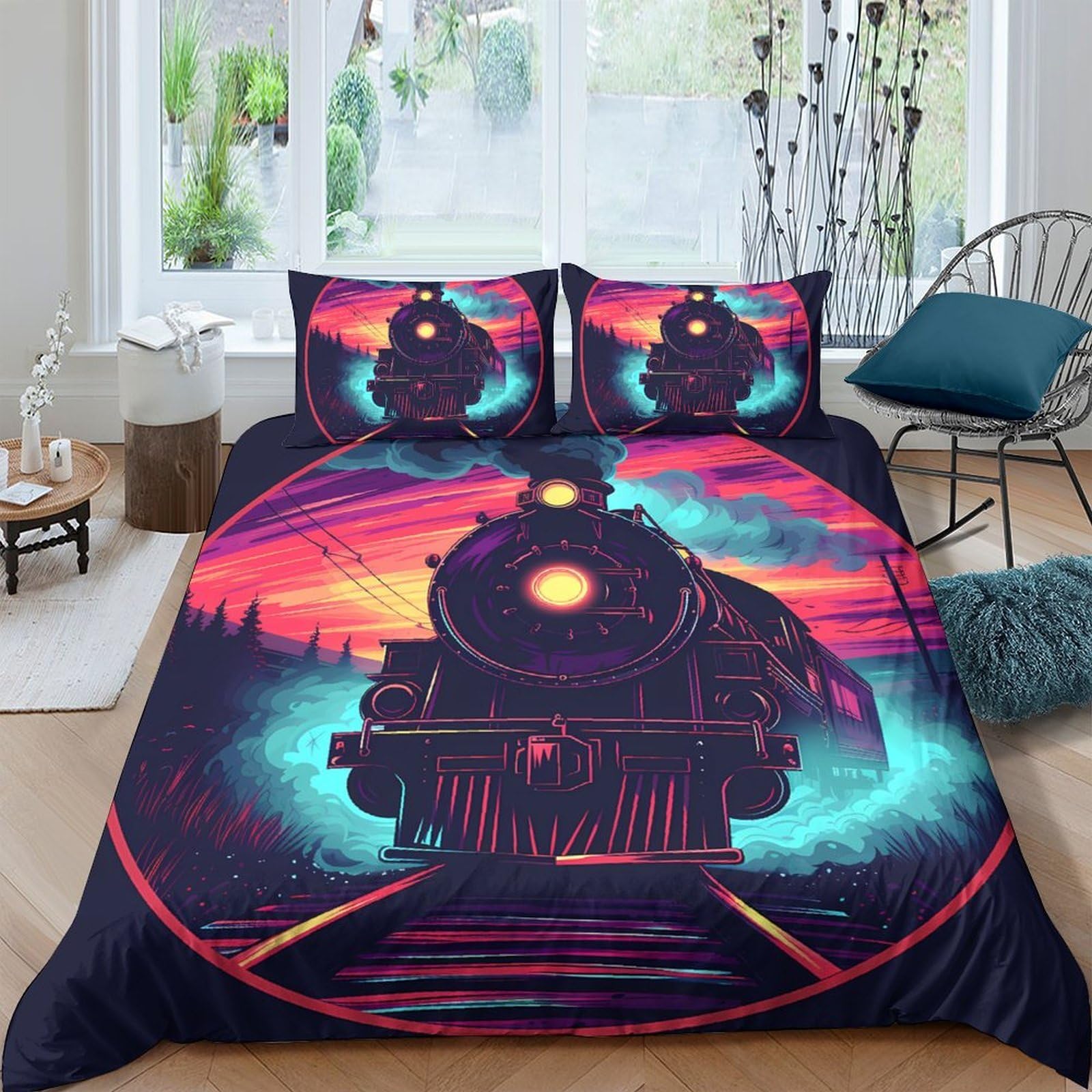 Ctjqhvkz Style-6 3D Printed Steam Train Fitted Sheet Microfiber Vibrant Sunset Railway Bed Cover For Bedroom Guest Room Dorm Decor Single（135X200cm）
