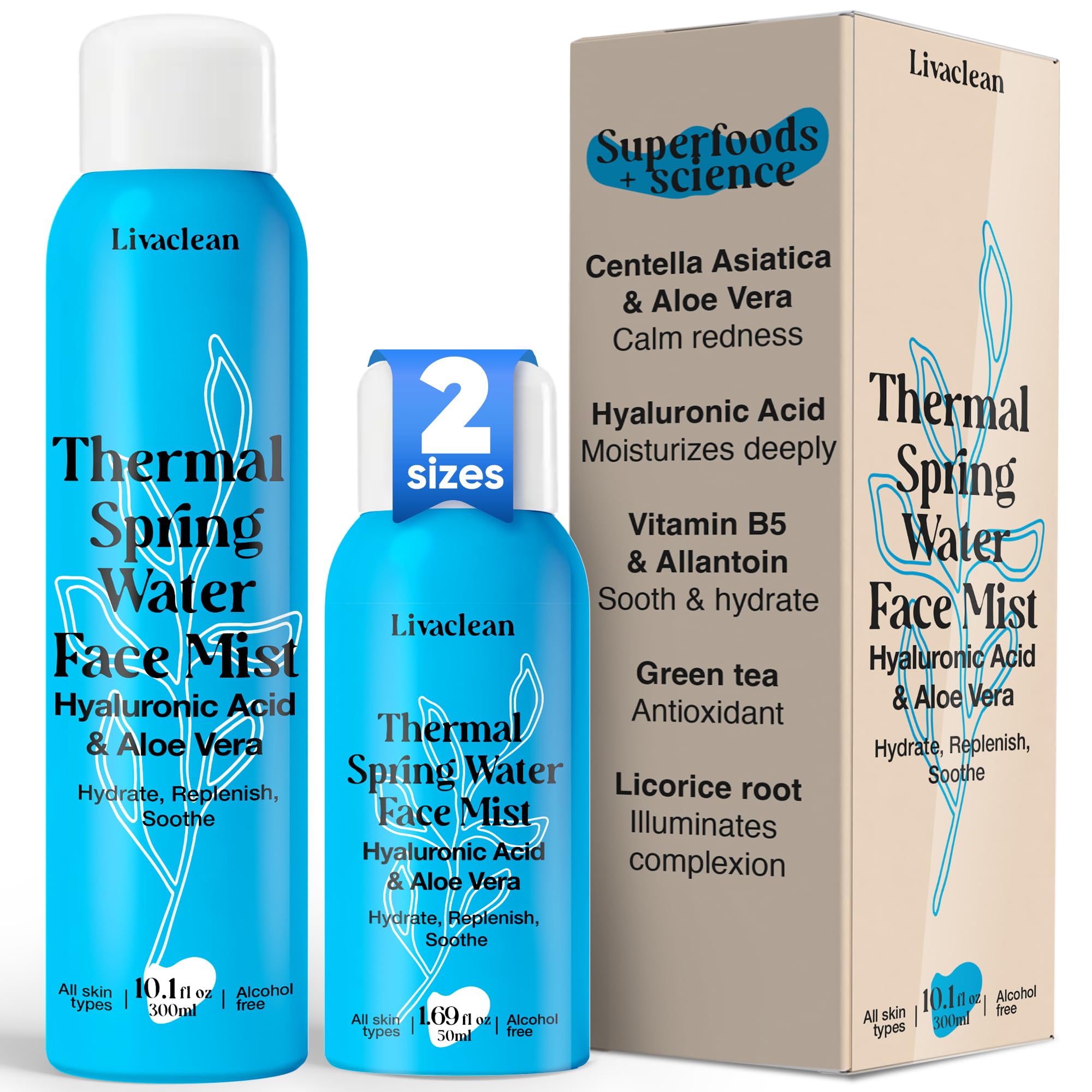 300 ml + 50 ml de água termal spray facial hidratante com ácido hialurônico e aloe vera -
