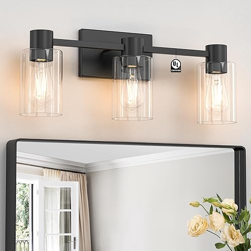 Apliques de pared negros mate de 3 luces para baño, modernas lámparas de tocador sobre espejo, lámpara de pared con pantalla de vidrio transparente,