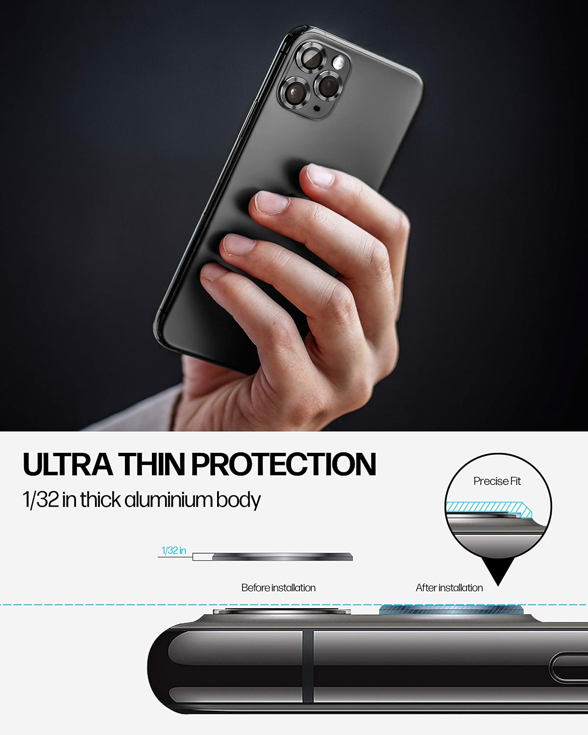Power Theory iPhone 11 Pro & iPhone 11 Pro Max Camera Lens Protector - Easy Installation [Premium Tempered Glass] [Space Gray]