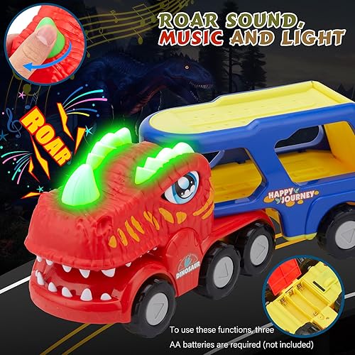 Miniatura 3 de Camión de dinosaurios de juguete para niños de 3 a 5 años, camión de dinosaurio con luces intermitentes, música y sonido de rugido, vehículos de