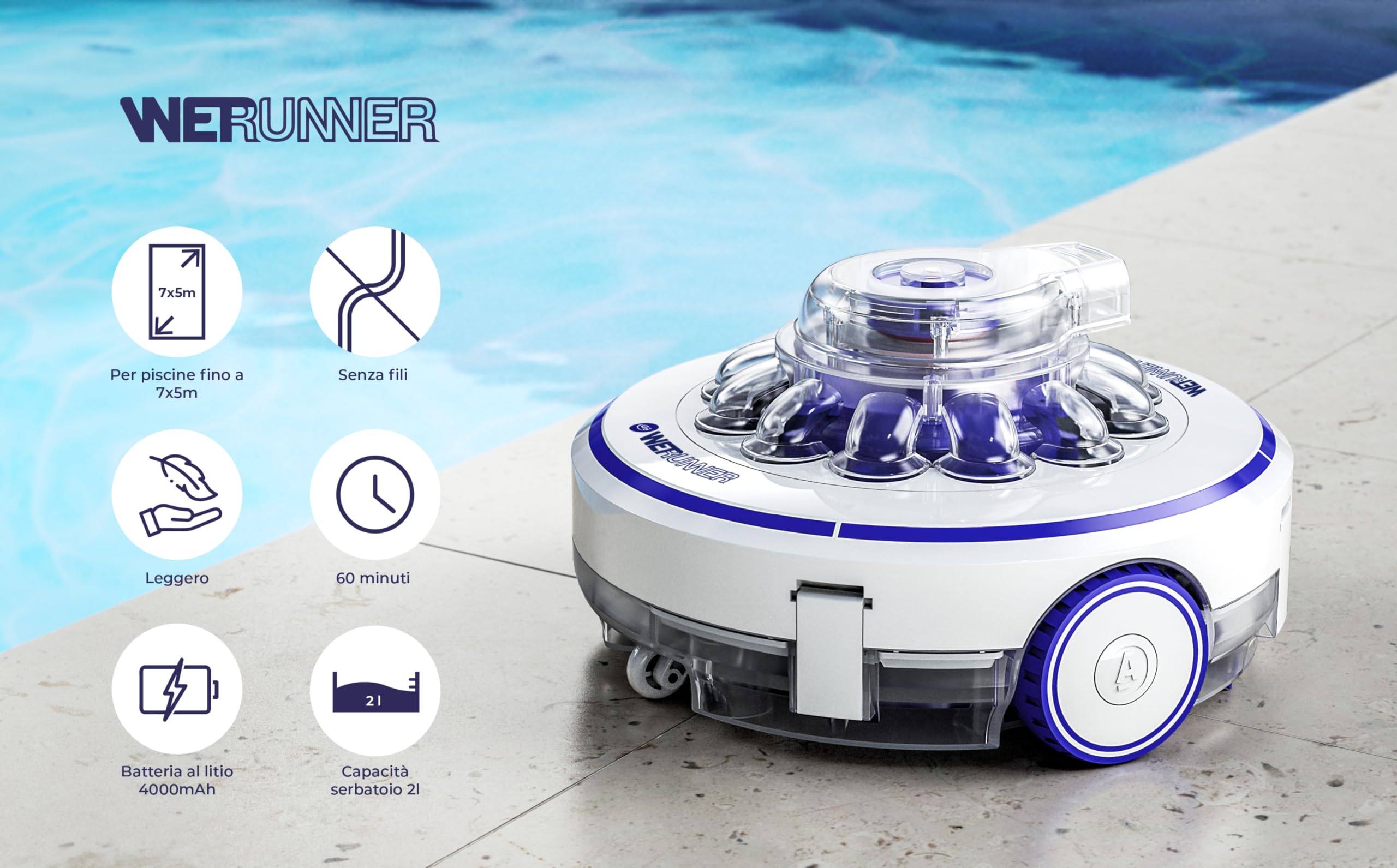 GRE RBR60. Pulitore per piscine senza fili, autonomia di 60 minuti, per piscine fino a 35 m²