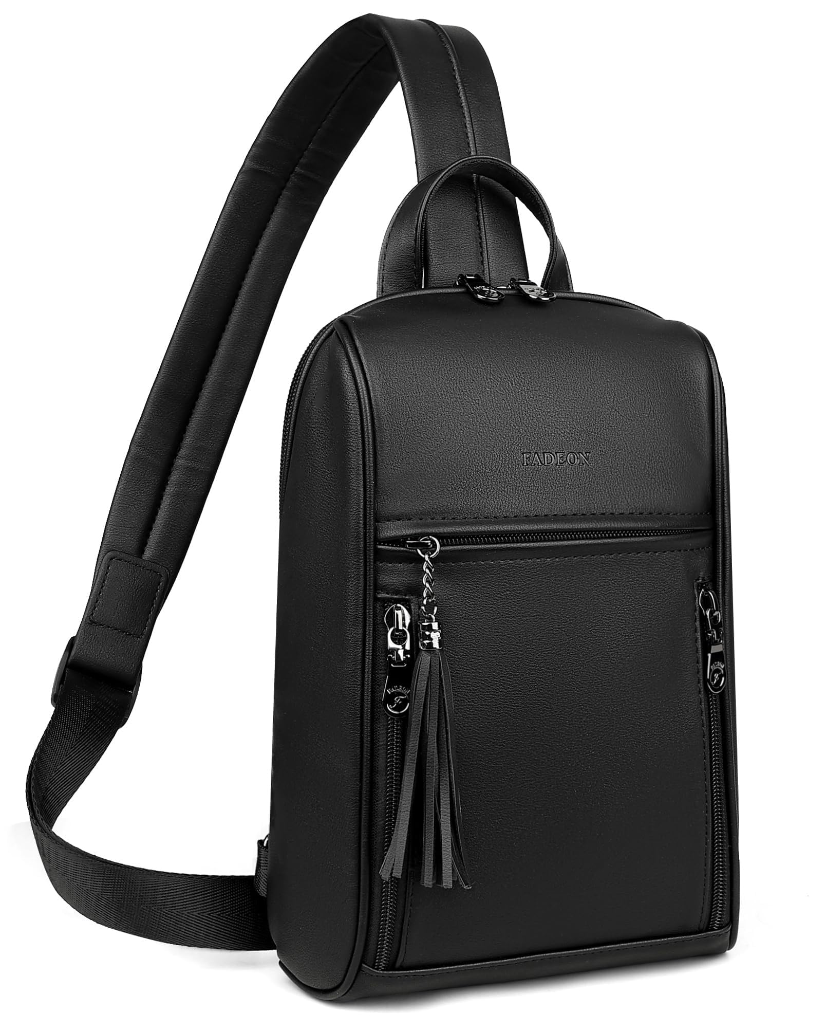 FADEON Sling Bag for Women, Crossbody Backpack with Tassels, Designer Leather Shoulder Chest Bags for Travel