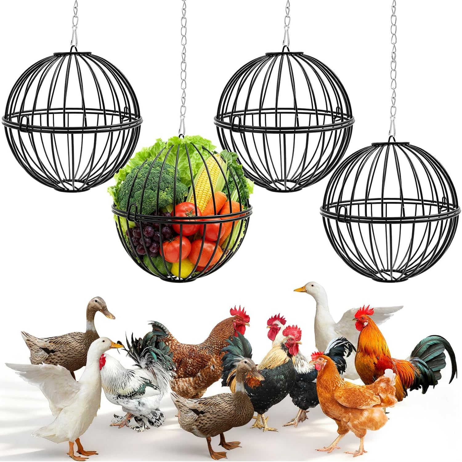 4 Pack Hanging Chicken Feeders for 10+ Chicken, 7.5 Inch Iron Rodent-Proof Duck Treat Dispenser Balls with 17.7 Inch Adjustable Hanging Chain for Feed and Toys, Weatherproof & Easy Install