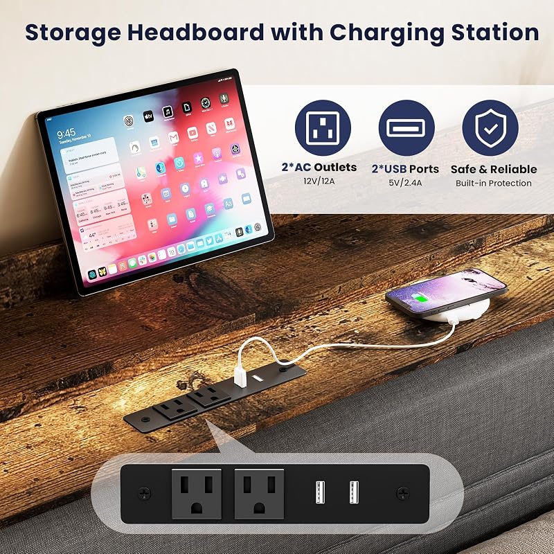 GRUSIGN Full Size Bed Frame with LED Light Storage Headboard and Charging Station,Platform Bed with Grey Upholstered Headboard，No Box Spring Needed, Noise Free, Easy Assembly image 4