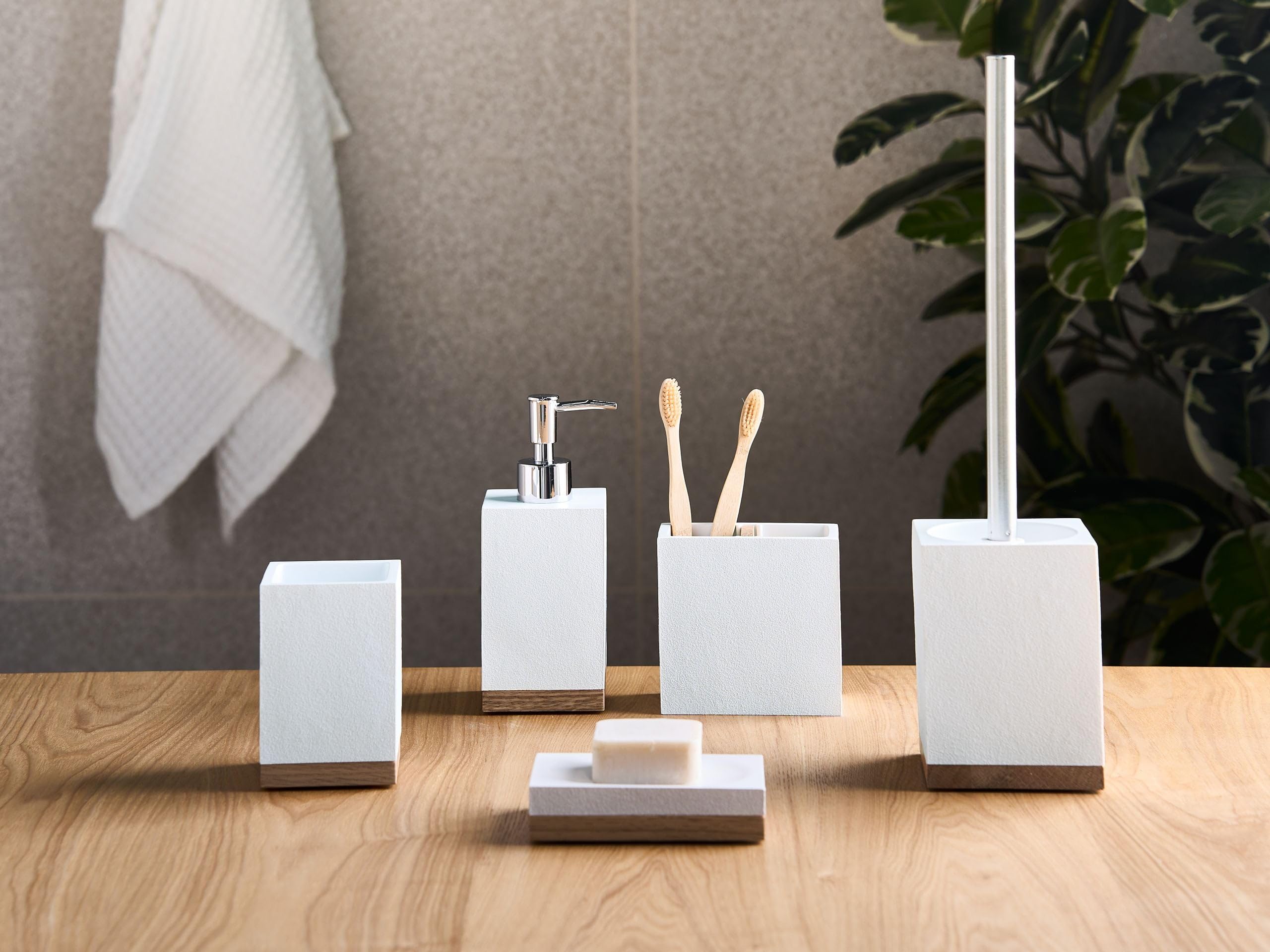 Conjunto de 5 Accesorios de baño jabonera dispensador de jabón escobilla de Inodoro Vaso Soporte para cepillos de Dientes Blanco Tapiche