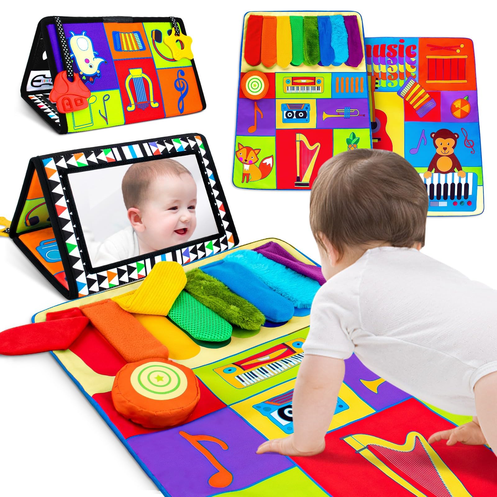 Baby Toys 0-6 Months - Tummy Time & Music Mirror Toys for Infant Development