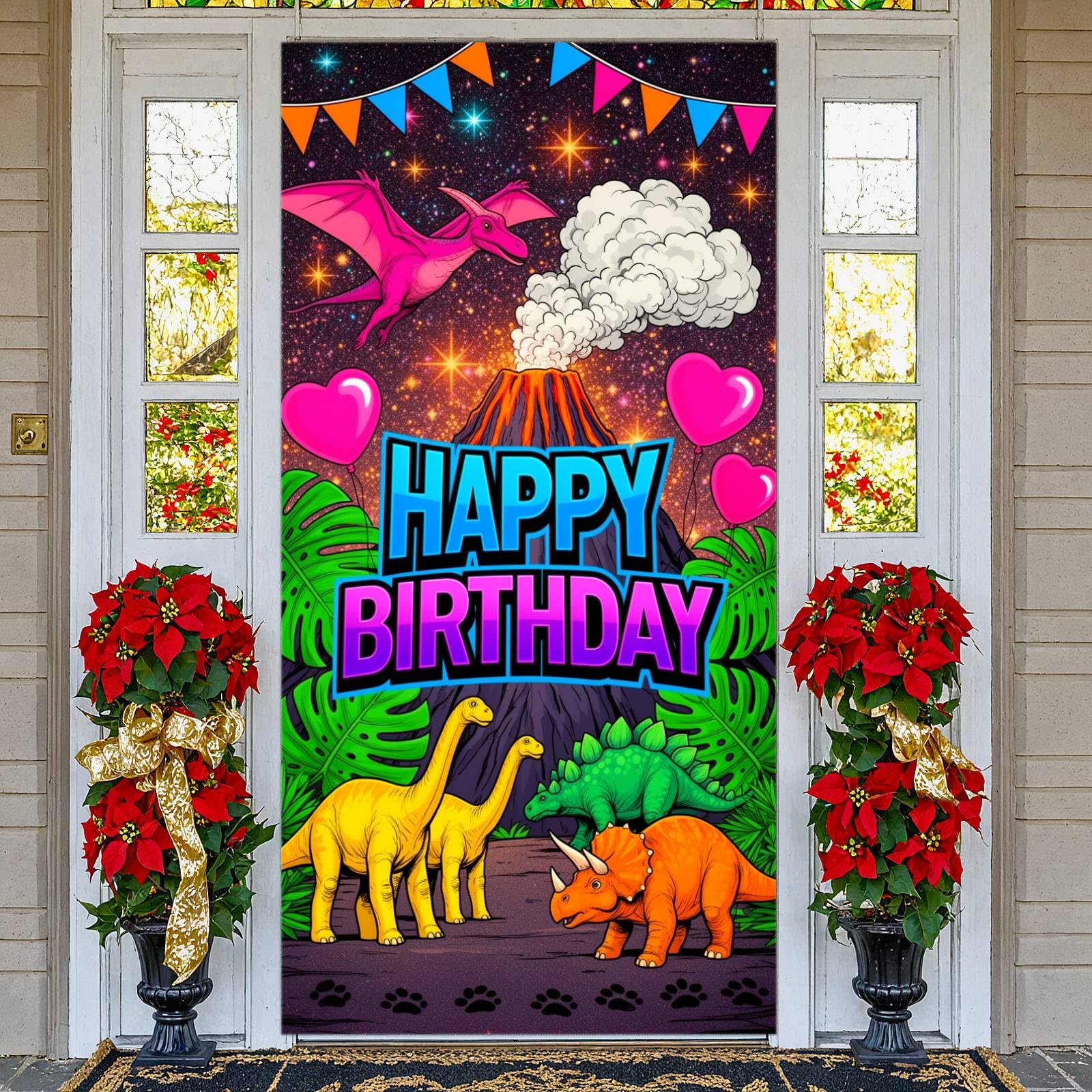 Dinosaur Party Door Cover Dinosaur Theme Birthday Backdrop Door Banner Hanging Giant Dino Happy Birthday Banner Decorations Photography Background for Indoor Outdoor Dino Themed Party Supplies
