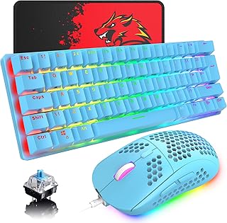 UK Layout Mechanical Gaming Keyboard RGB 14 Backlight Effects Mini 62 Keys Wired Type C + Lightweight RGB 6400DPI Honeycomb Mouse + Mouse Pad Compatible With PS4,Xbox,PC,Laptop,MAC - Blue/Blue Switch