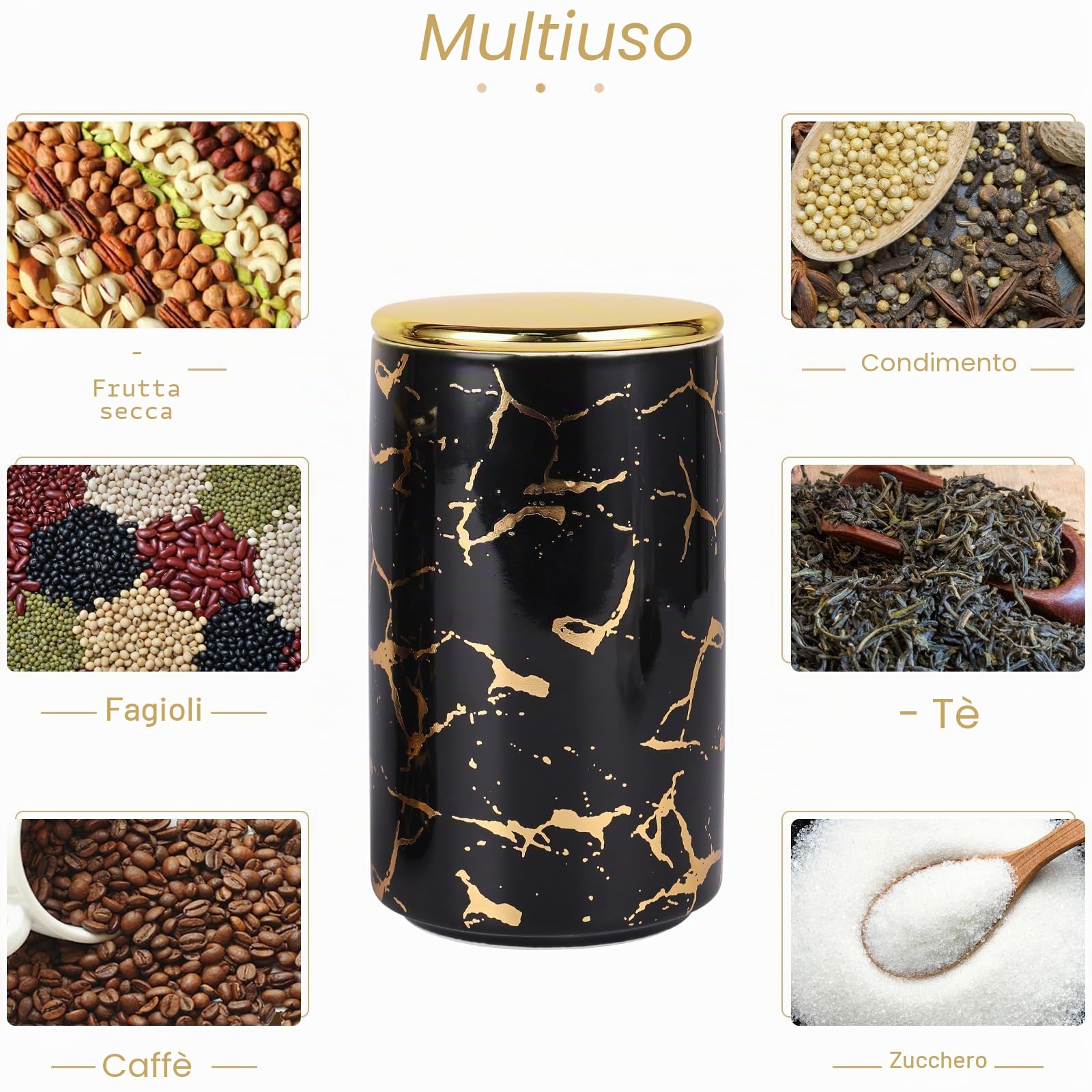 Set di Barattoli in Ceramica con Motivo Dorato per Piano di Lavoro della Cucina, Contenitori Alimentari con Scaffale a Ripiani, Contenitori Ermetici per Caffè, Zucchero e Sale