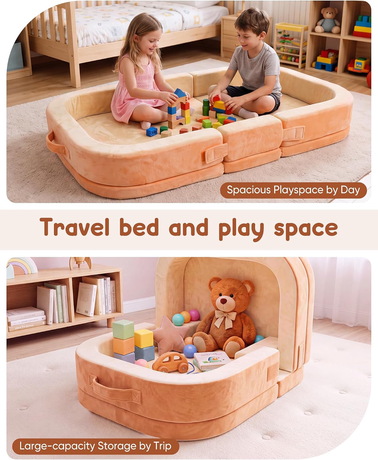 Foldable Toddler Bed, Portable Toddler Floor Bed for Home and Travel, High-Density Foam Kids Cot with Removable Washable Cover, Raised Sides, Carry Handle, Dog Design