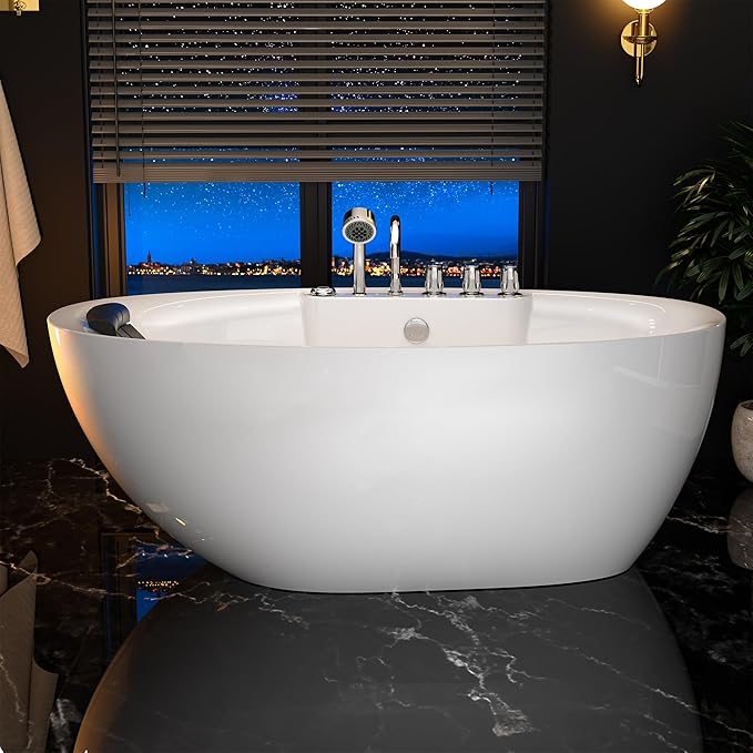 Empava 67 Inch Freestanding Whirlpool Tub - Stand Alone Jetted Bathtub with Large Recline Angle, Boat Shape, Hydromassage, Acrylic,ETL Certified