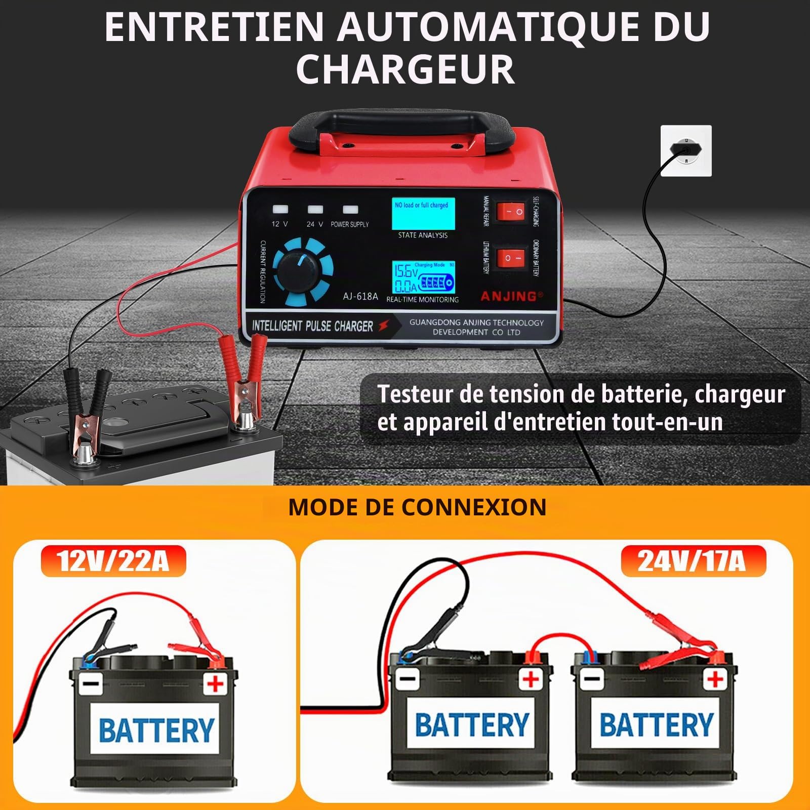 Chargeurs de Batterie, Chargeur de Batterie de Voiture 400W 22A 12V / 24V Chargeur de Batterie de Voiture Voiture Entièrement Automatique Intelligent Convient aux Voitures Motos Voitures Camions | Chargeur de Batterie de Voiture Voiture Entièrement Automa