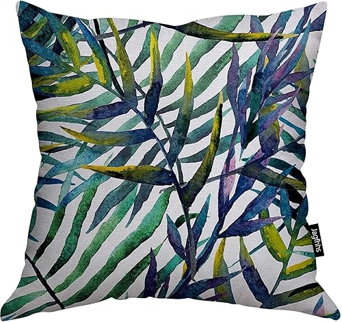 Funda de cojín con diseño de hojas, ilustraciones en acuarela de islas tropicales, hojas de palmera coloridas, funda de almohada decorativa