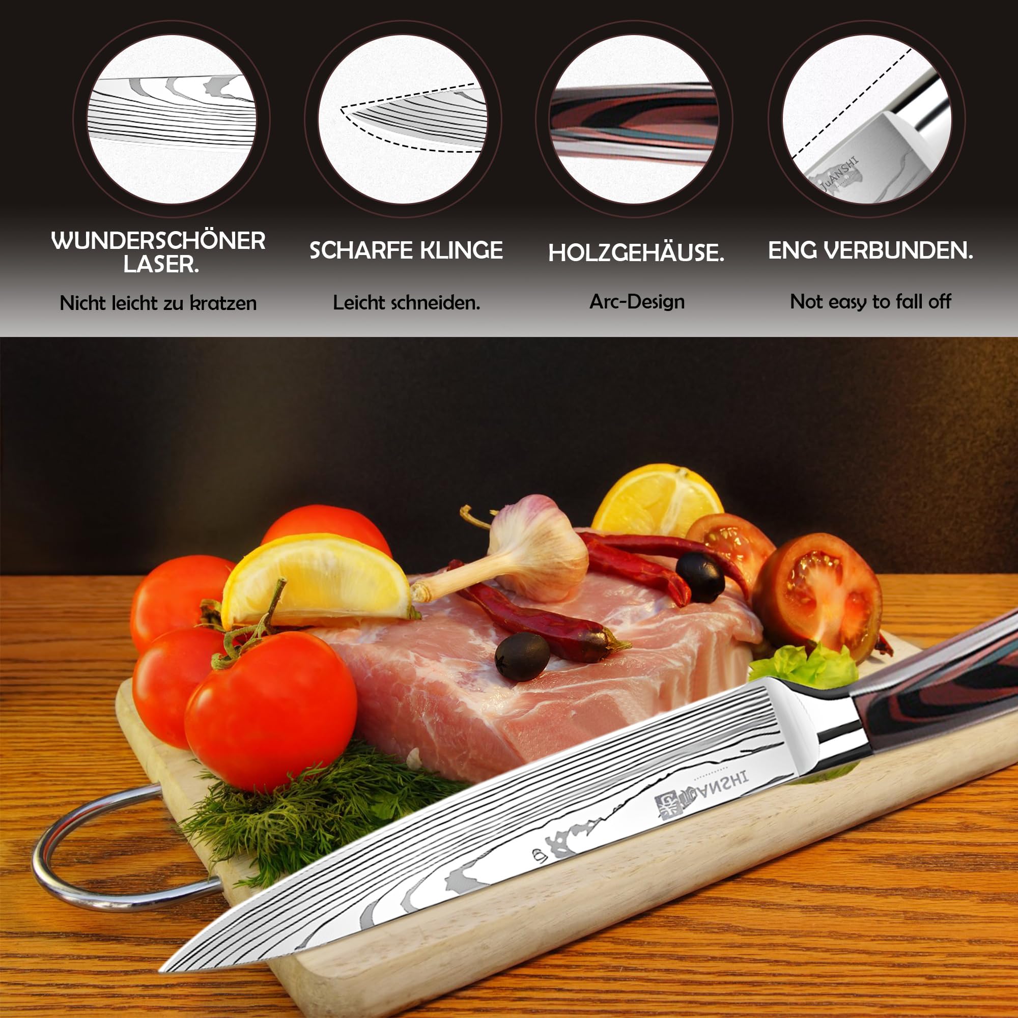 JUANSHI Coltello da carne professionale, lunghezza lama 20,0 cm, coltello da chef in acciaio inossidabile di alta qualità ad alto contenuto di carbonio, ideale per casa e ristorante