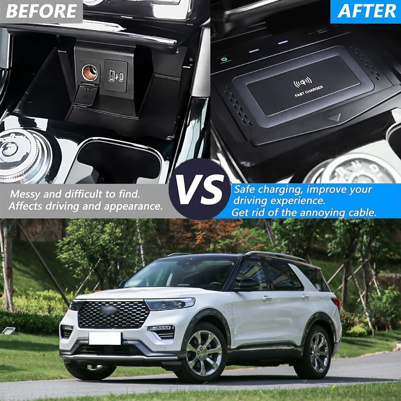 Caricabatterie Wireless per Auto per Explorer Platinum/XLT/Base Sport Tutti i Modelli Accessorio con 15 W Wireless e USB Qc3.0 Ricarica Rapida Regalo per la Famiglia