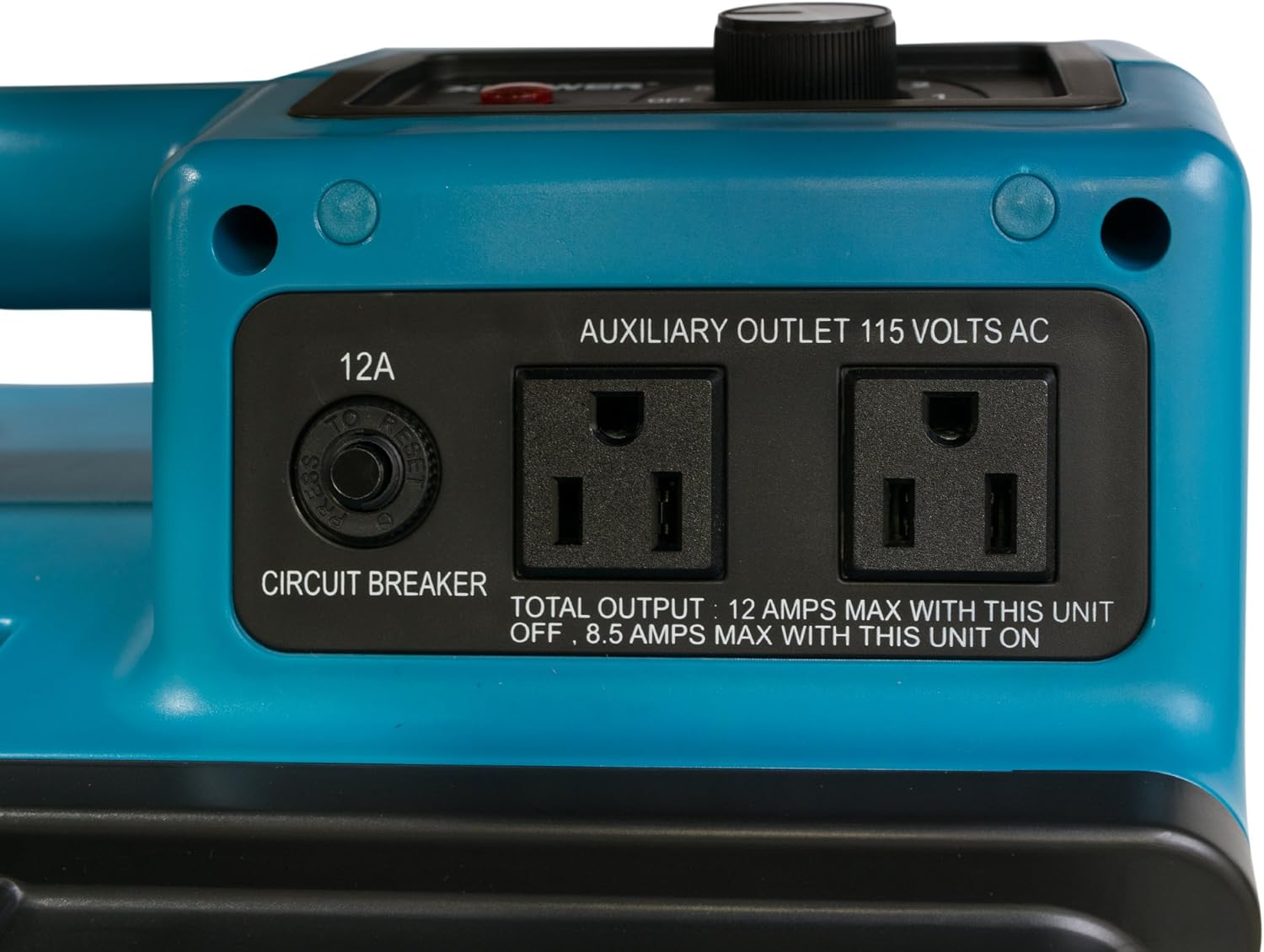 Close-up of the XPOWER X-2480A auxiliary power outlets