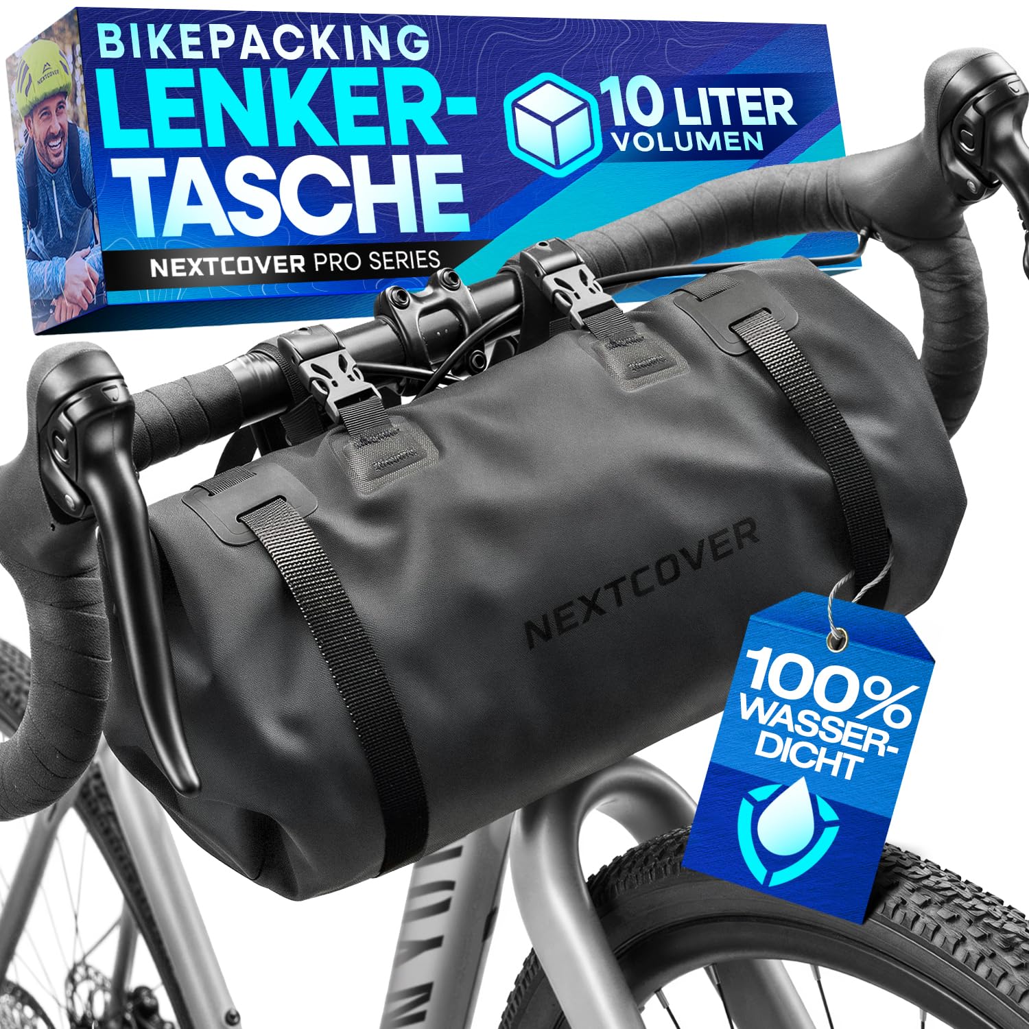 Nextcover® Bikepacking Lenkertasche Fahrrad [10 Liter] I Fahrradtasche Lenker - 100% Wasserdicht Dank AquaShield-TPU I Kompakte Lenkerrolle Fahrrad I Bikepacking Taschen für Gravelbike Rennrad, MTB