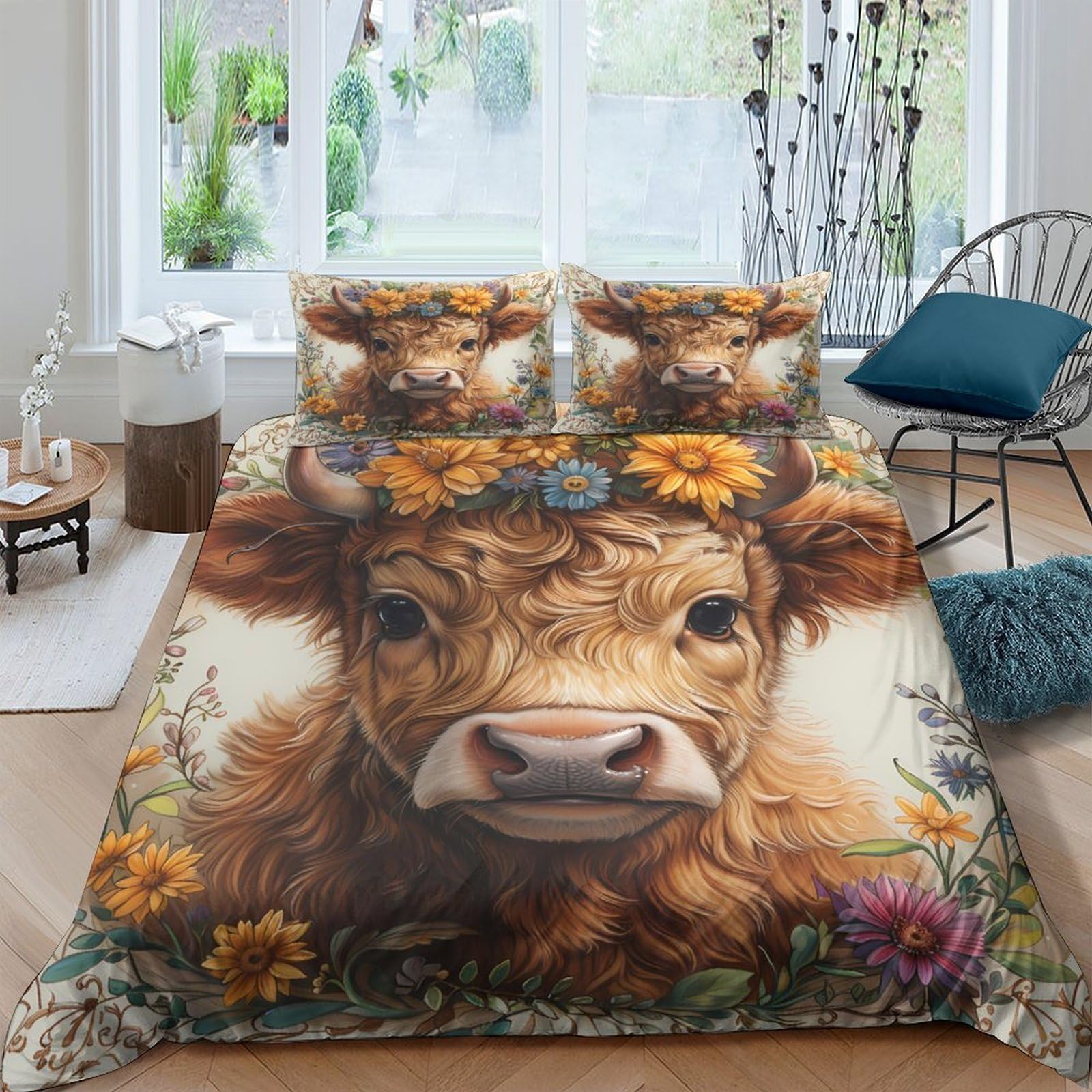 Ctjqhvkz Style-6 3D Printed Highland Cow Fitted Sheet Microfiber Sunflower Meadow Bed Cover For Bedroom Guest Room Anti-Slip Decor Single（135X200cm）