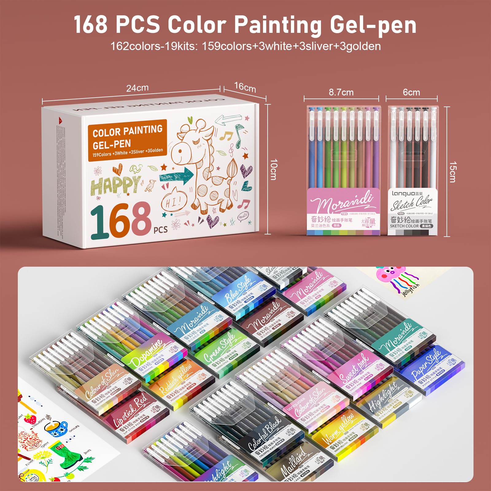 TrendGate 168 Stylo Gel Acrylique, Pointe Fine 0,5 mm Gel Pen | 162 Couleurs (159 + 3 Blanc / 3 Argent / 3 Or), Feutres Gel Coloriage Adulte, Dessin, Écriture, Journaling, Multi-surface