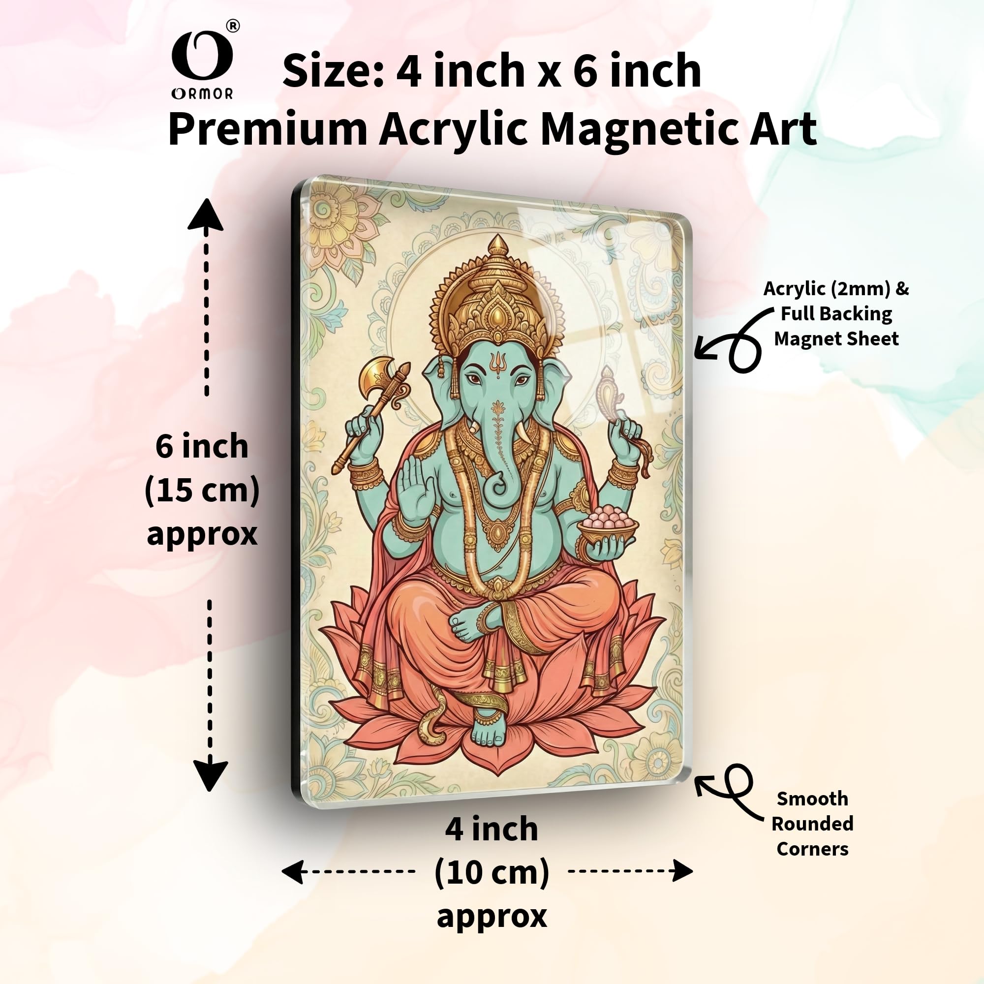 ORMOR Ganesh God Picture Fridge Magnet Acrylic Photo (4x6 inch, ART1) with Self Adhesive Wall Hook | for Display on Refrigerator, Wardrobe Almirah, Office Table | Paste on Wall Entrance, Puja Room Temple, Religious Art Home Decor Gift Item 1