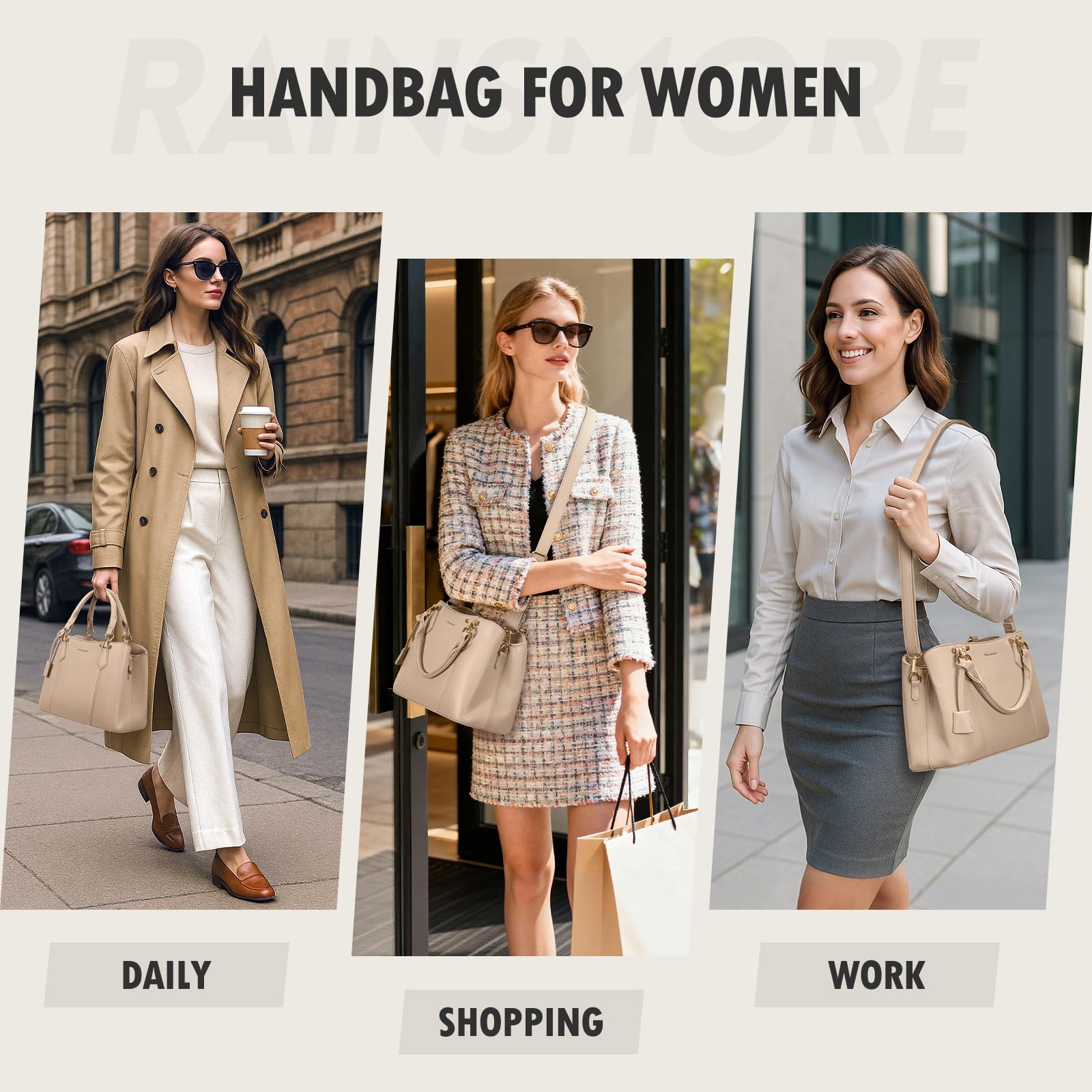 RAINSMORE Sac a Main Femme Cuir PU Sac à Main Bandoulière Elégant Sacs à Main Cabas Femme Fourre Tout pour Université Travail Voyage