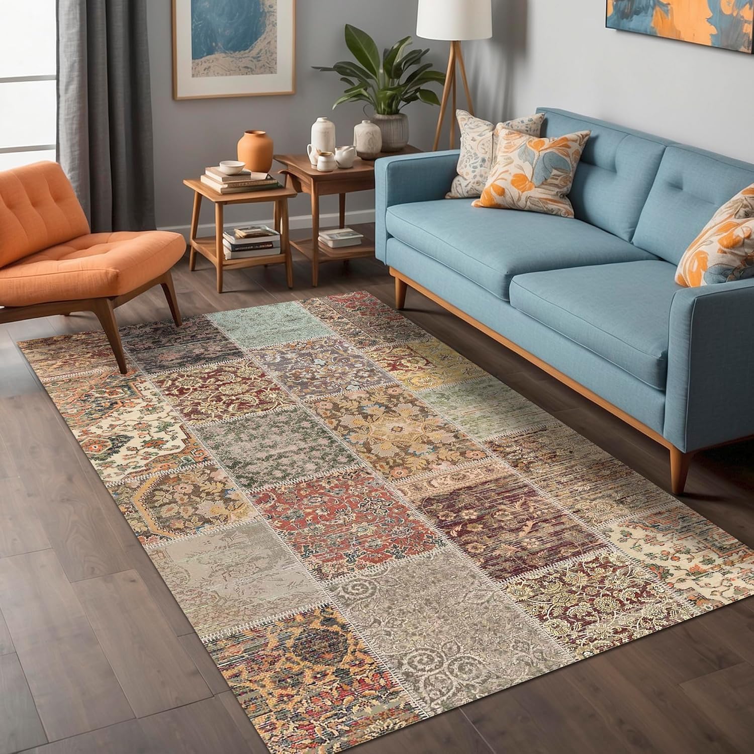 Latte Dizayn Nadine Patchwork Desenli Şönil Pamuk Tabanlı Yıkanabilir Kaymaz Antibakteriyel Salon Halısı 80x300