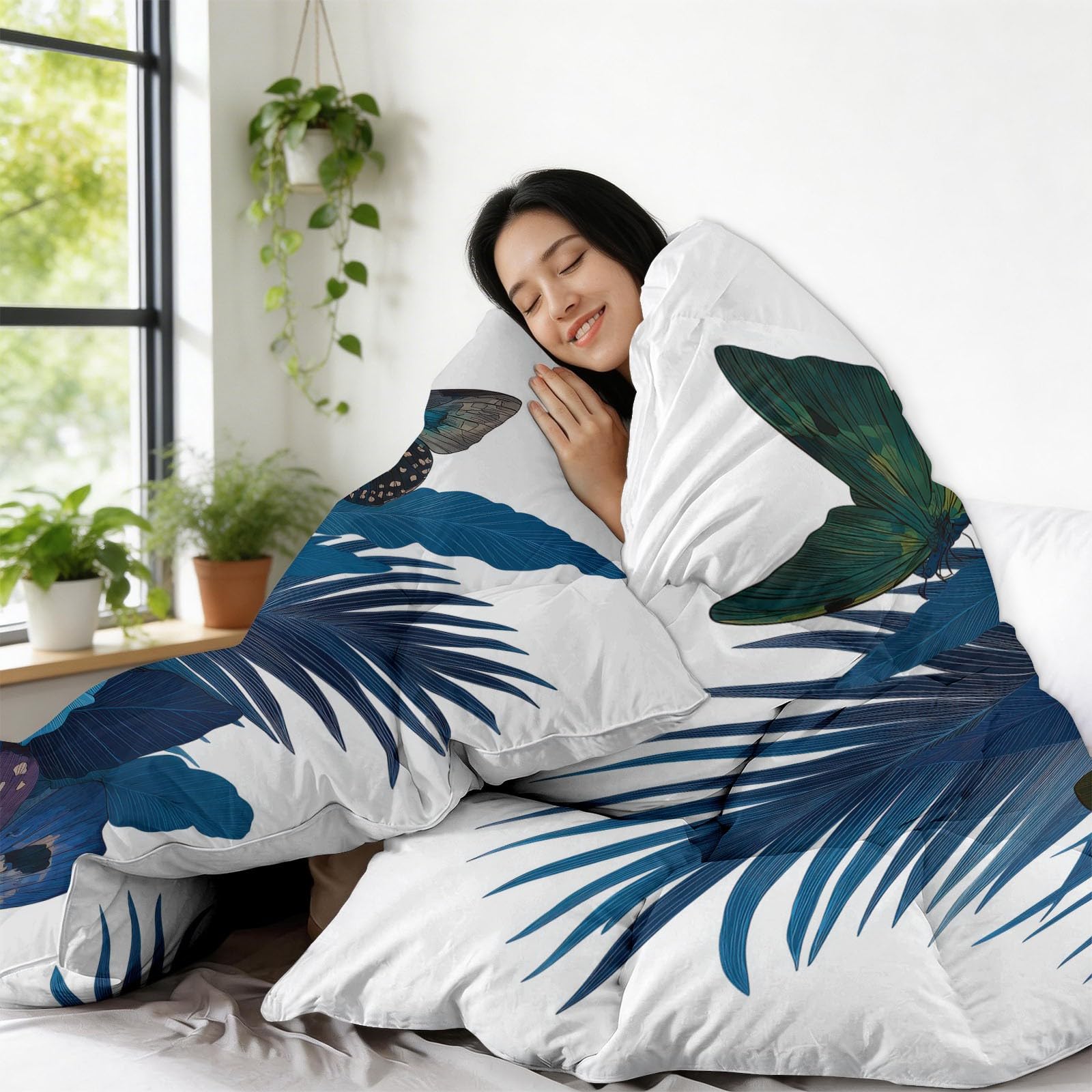 Hibiskus Palmblätter Schmetterling Bettdecke 135 x 200 cm 4 Jahreszeiten Steppdecke, Tropische Pflanzen Waschbare Ganzjahresdecke Frauen Bettwaren Set Ferienhaus Hauptschlafzimmer Bettdecke Ohne Bezug