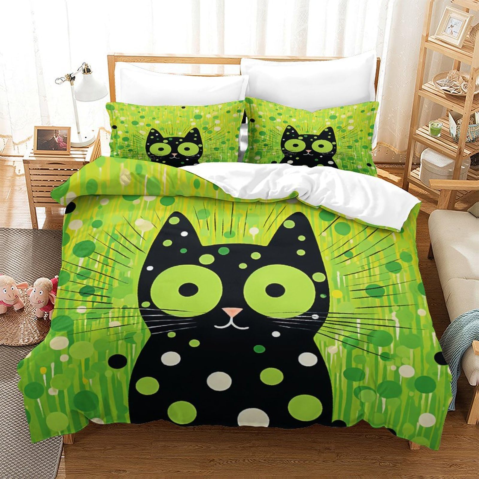 P1S9U7W5Y Playful Cat Green 3D Printed Duvet Cover Set 3pcs Microfiber Cat Bedding Set King