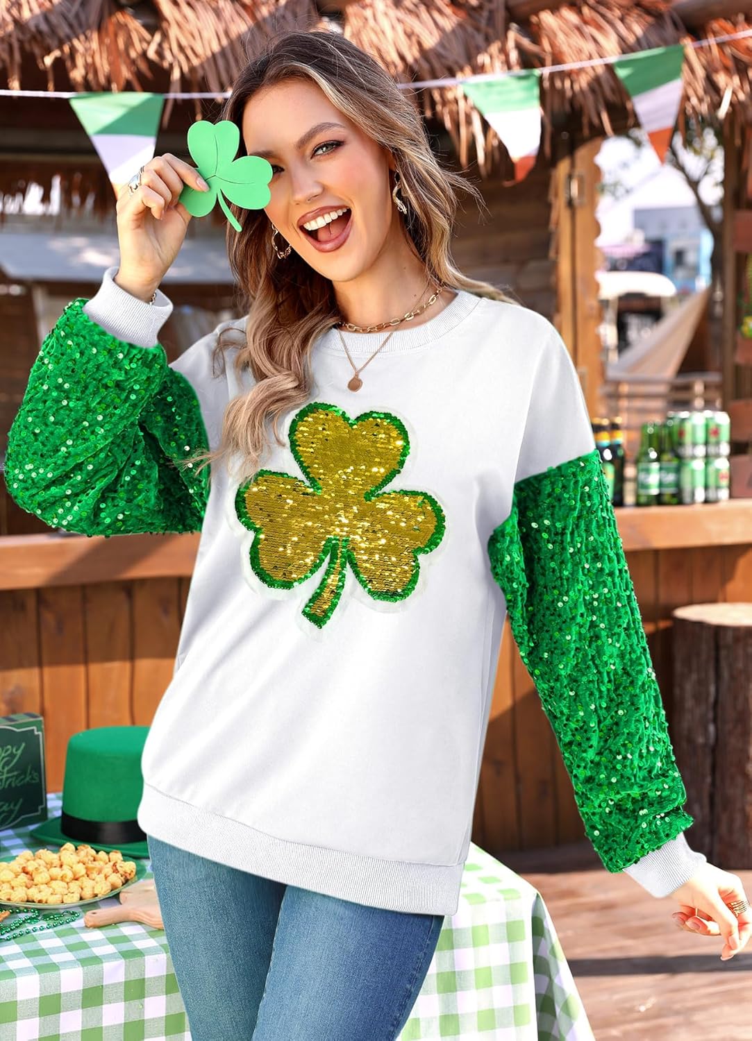 For G and PL Women St Patricks Irish Sequin Fleece Sparkle Shirts Crewneck Lucky Sweatshirts Double-Sided Clover XL - Image 2