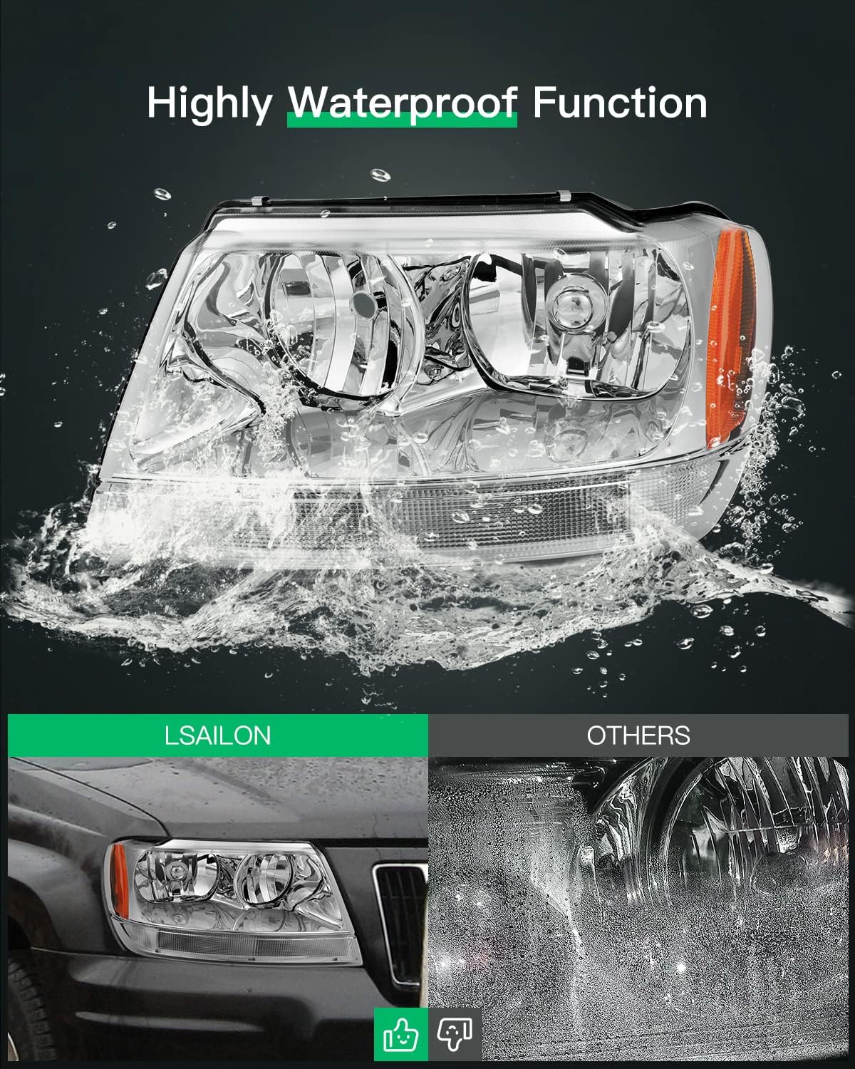 LSAILON Chrome Housing Amber Reflector Clear Lens Headlight Assembly Replacement Fit 1999-2004 For Jeep Grand Cherokee Driver and Passenger Side