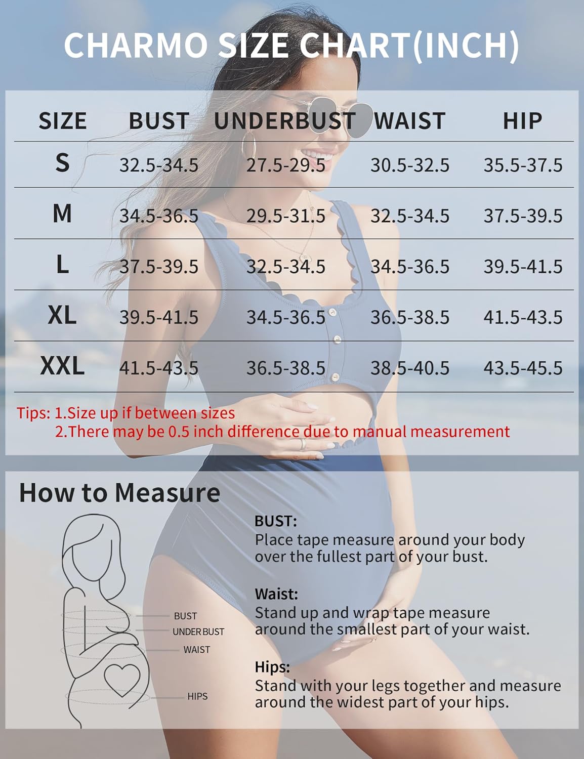 Charmo Maternity One Piece Swimsuit Scalloped Cut Out Ruched High Waisted Scoop Neck Pregnancy Bathing Suit - Image 6