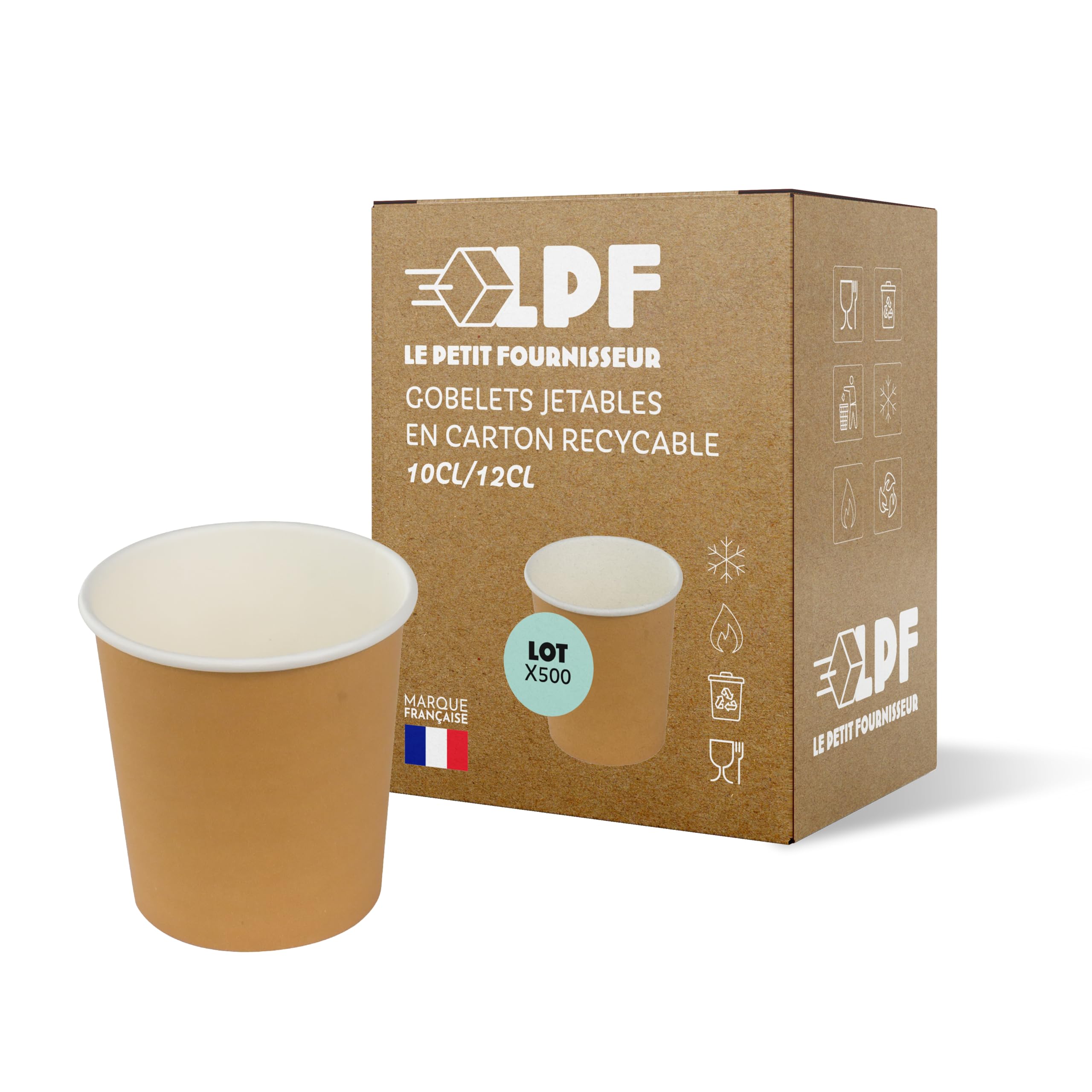 LPF LE PETIT FOURNISSEUR - 500 Gobelets Carton Brun 10cl - 100% Recyclable - Boissons Chaudes ou Froides