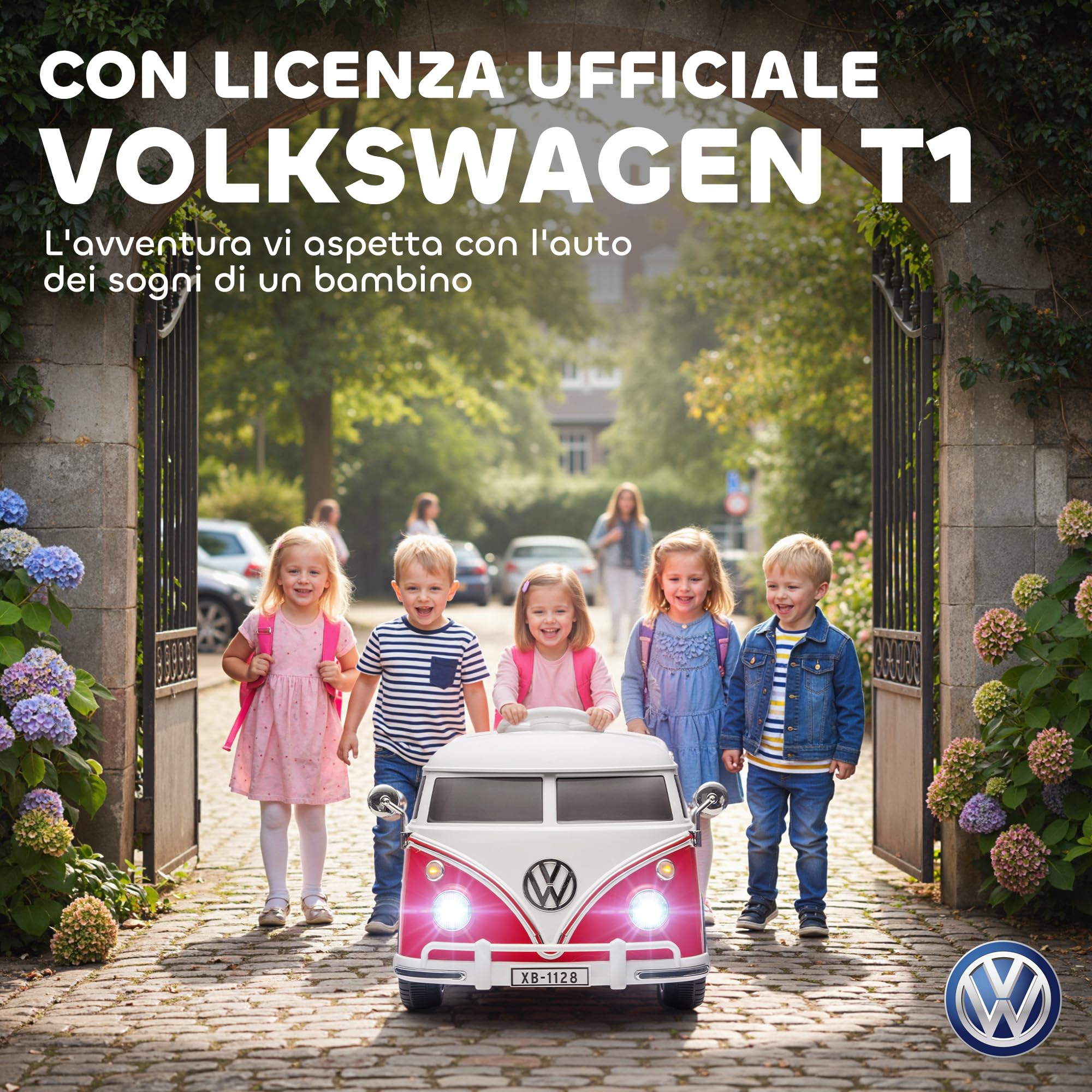 AIYAPLAY Macchina Elettrica per Bambini 3-7 Anni Volkswagen T1, 12V, Rosso | 3-8km/h, Auto Elettrica per Bambini con 2 Motori, Sospensioni, Partenza Lento, Musica, Fari e Clacson