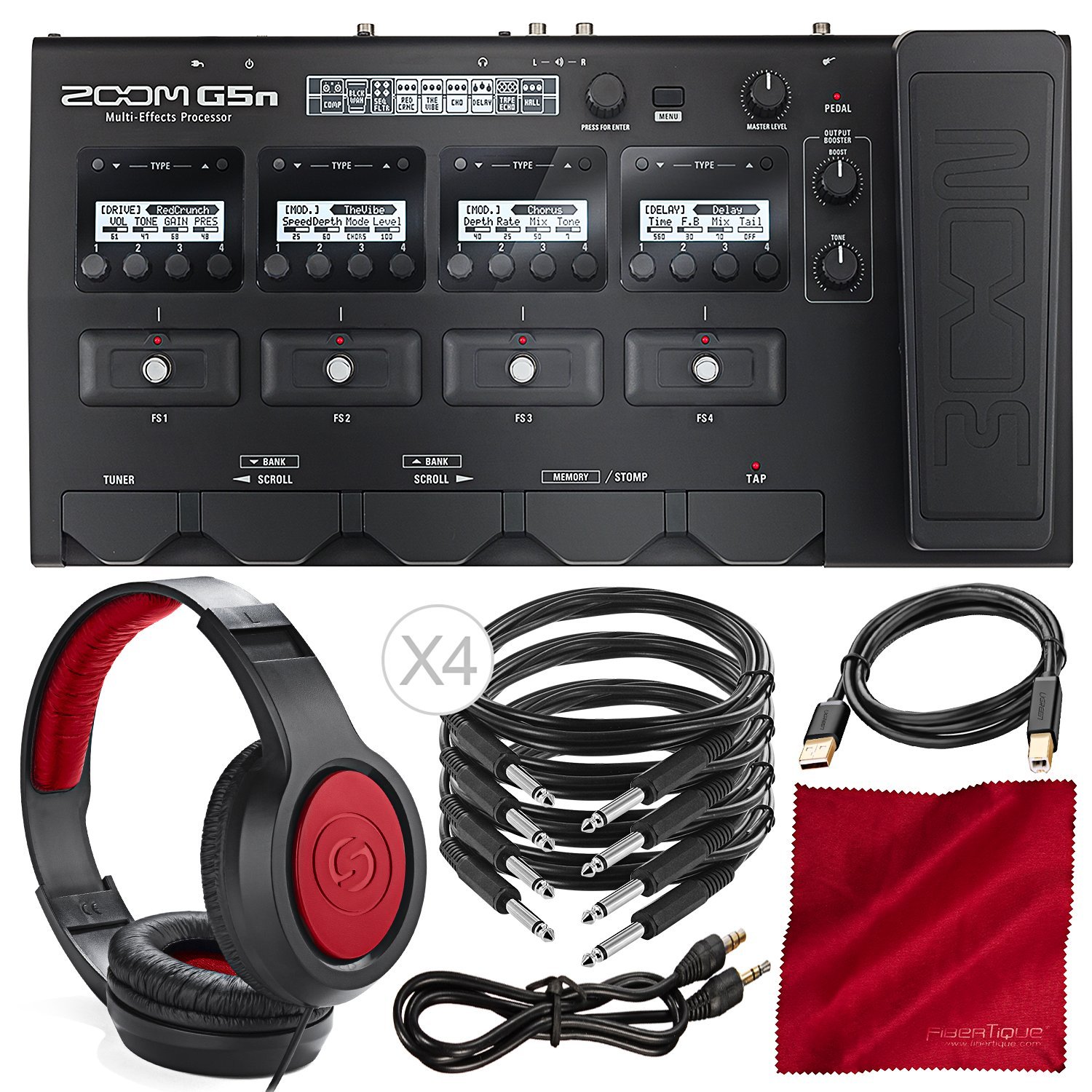 Zoom G5n Multi-Effects Processor for Guitarists with Closed-Back Headphones, Cables, and Fibertique Cloth