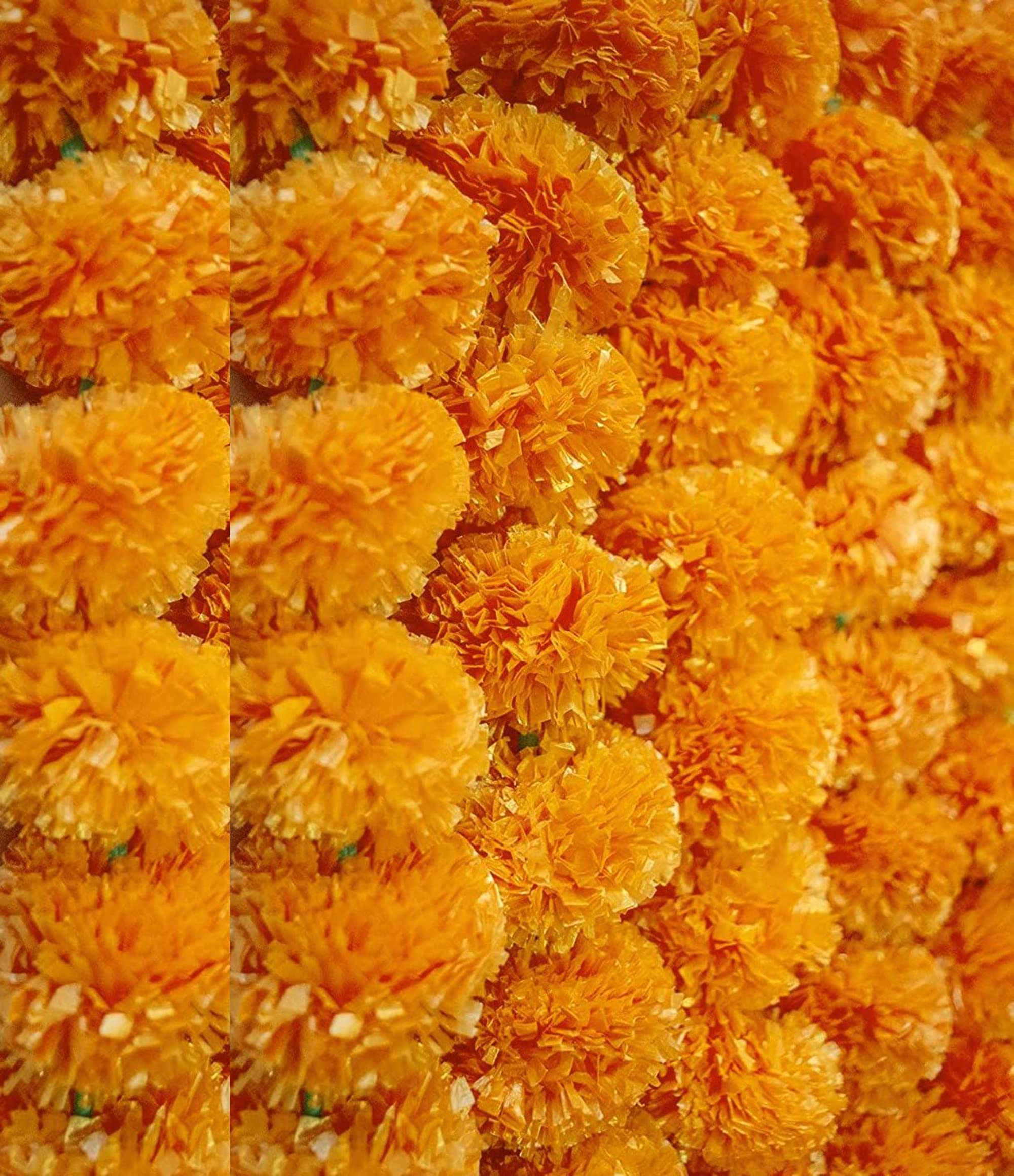 Abhaas Pack of 10 - Artificial Marigold Flowers Garland for Decoration Long Toran Indian Genda Phool for Diwali, Ganesh Chaturthi Wedding/Festivals (4.8 Ft. /Light Orange/10 Strings), 147 cm, 147 Cm